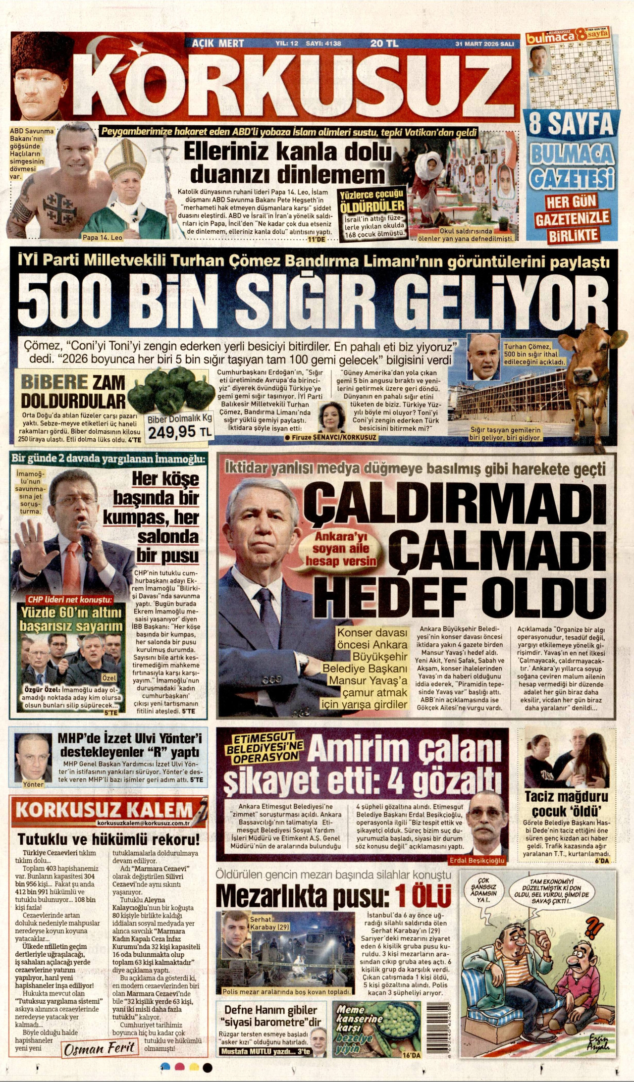 KORKUSUZ gazetesinin 31 Mart 2026 tarihli birinci sayfası