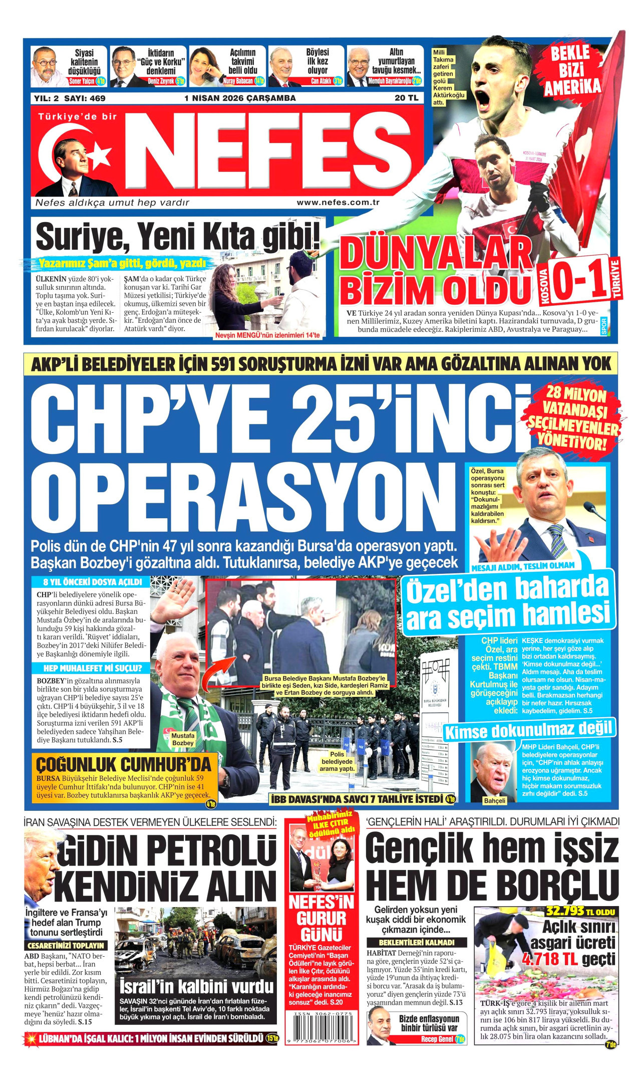 NEFES gazetesinin 1 Nisan 2026 tarihli birinci sayfası