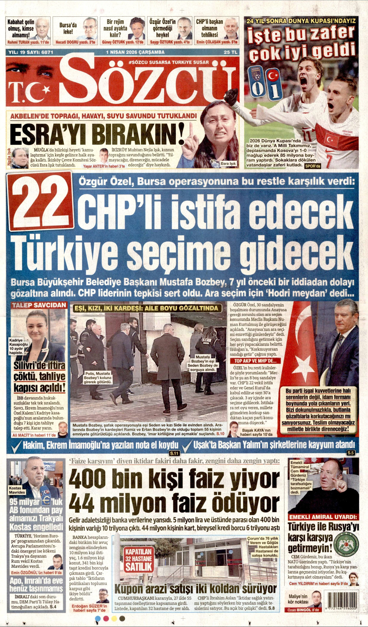 SÖZCÜ gazetesinin 1 Nisan 2026 tarihli birinci sayfası