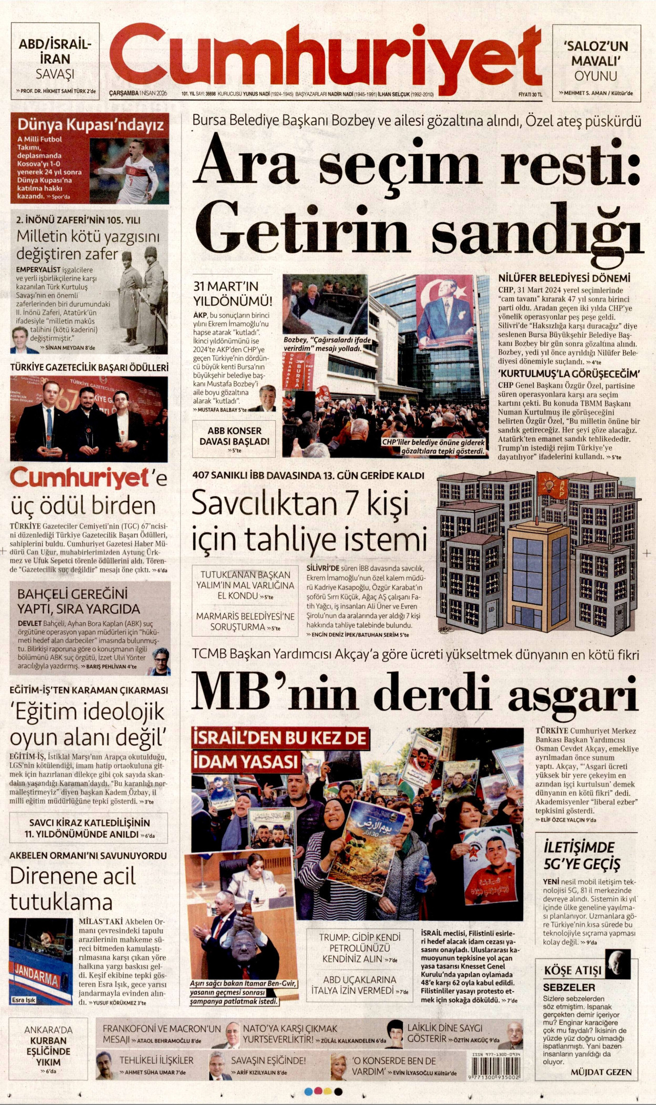 CUMHURİYET gazetesinin 1 Nisan 2026 tarihli birinci sayfası