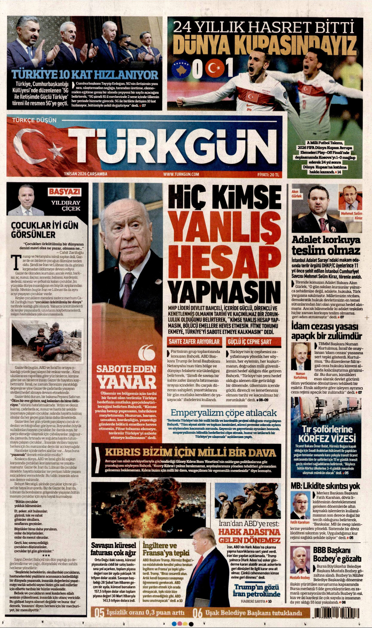 TÜRKGÜN gazetesinin 1 Nisan 2026 tarihli birinci sayfası
