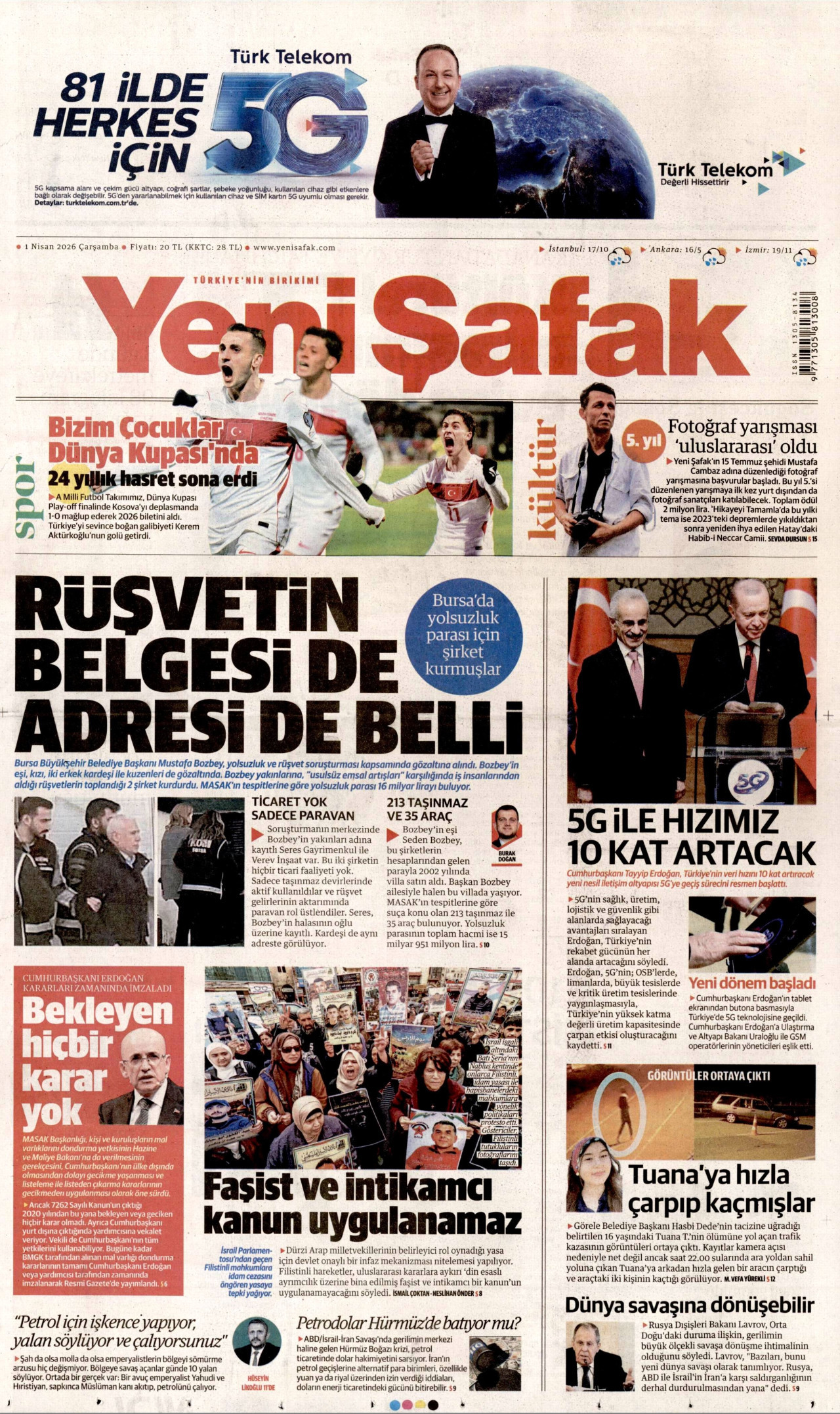 YENİ ŞAFAK gazetesinin 1 Nisan 2026 tarihli birinci sayfası