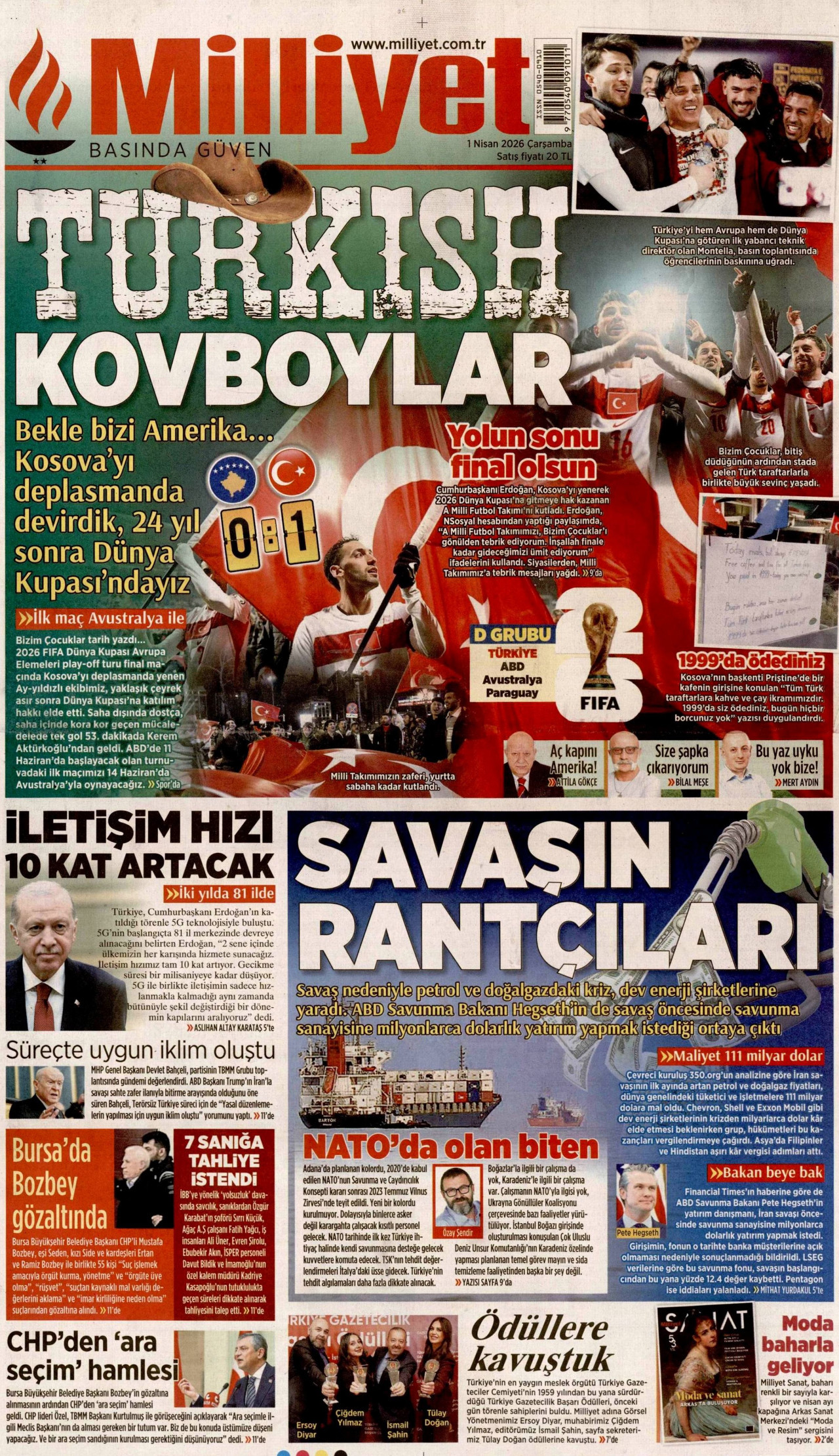 MİLLİYET gazetesinin 1 Nisan 2026 tarihli birinci sayfası