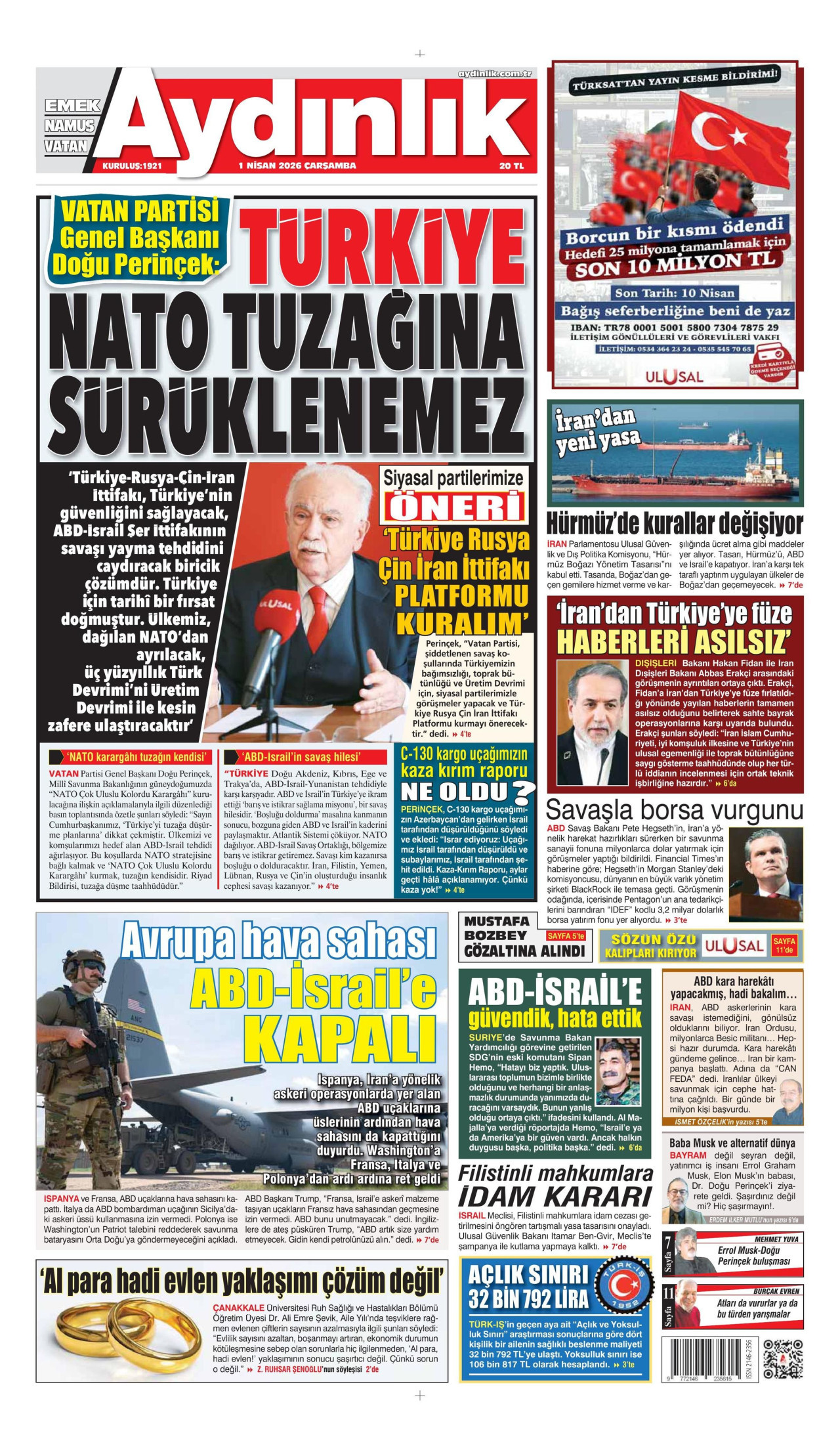 AYDINLIK GAZETESİ gazetesinin 1 Nisan 2026 tarihli birinci sayfası
