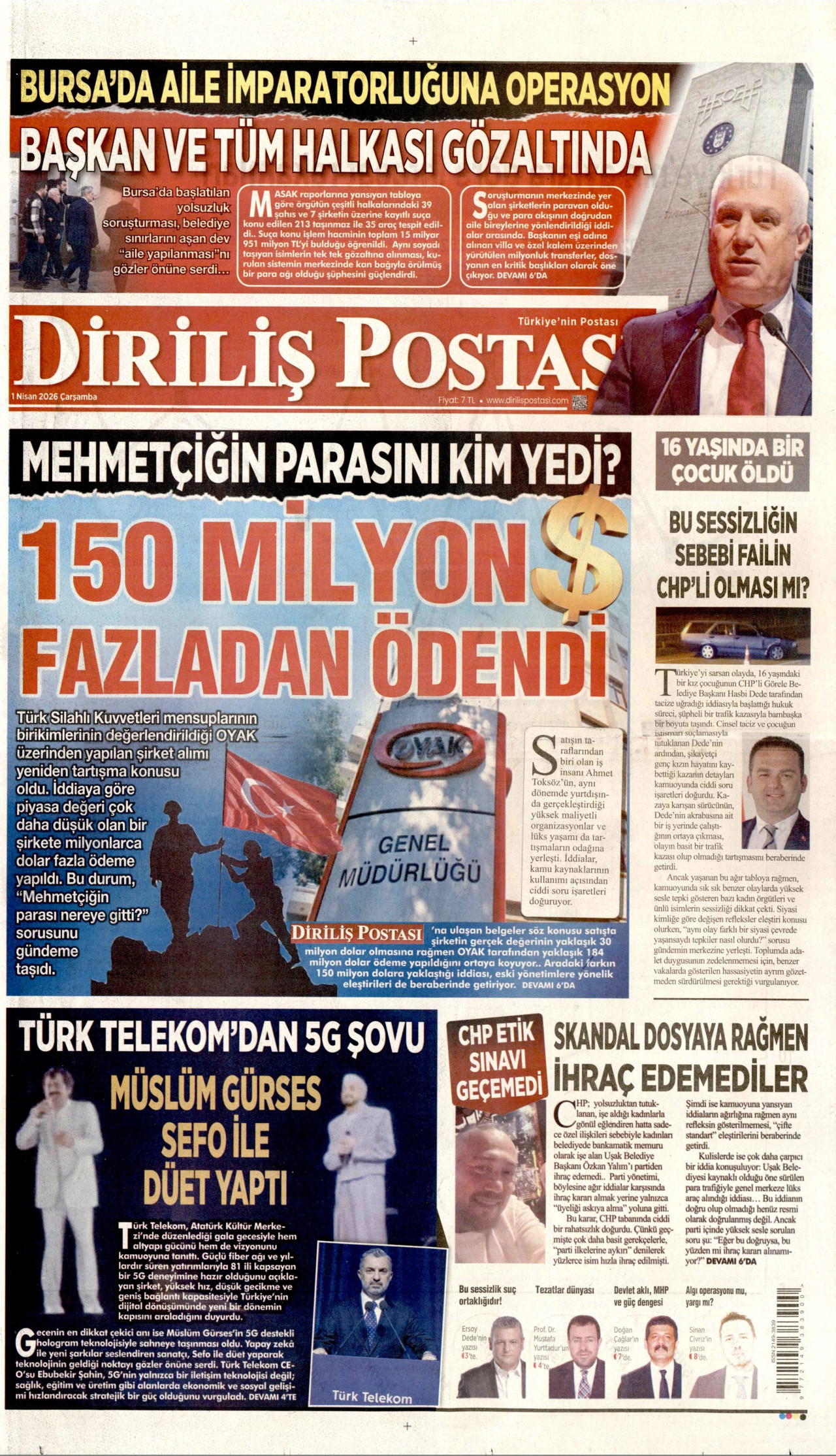 DİRİLİŞ POSTASI gazetesinin 1 Nisan 2026 tarihli birinci sayfası