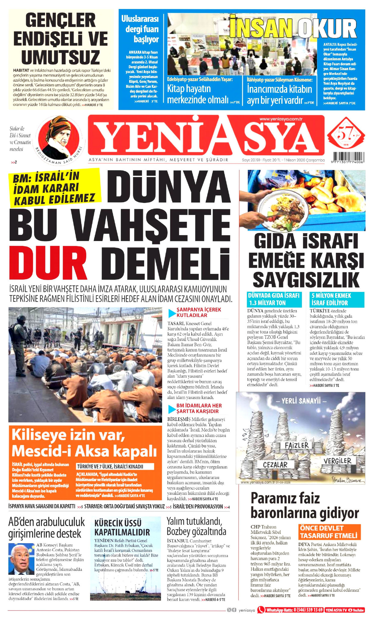 YENİ ASYA gazetesinin 1 Nisan 2026 tarihli birinci sayfası