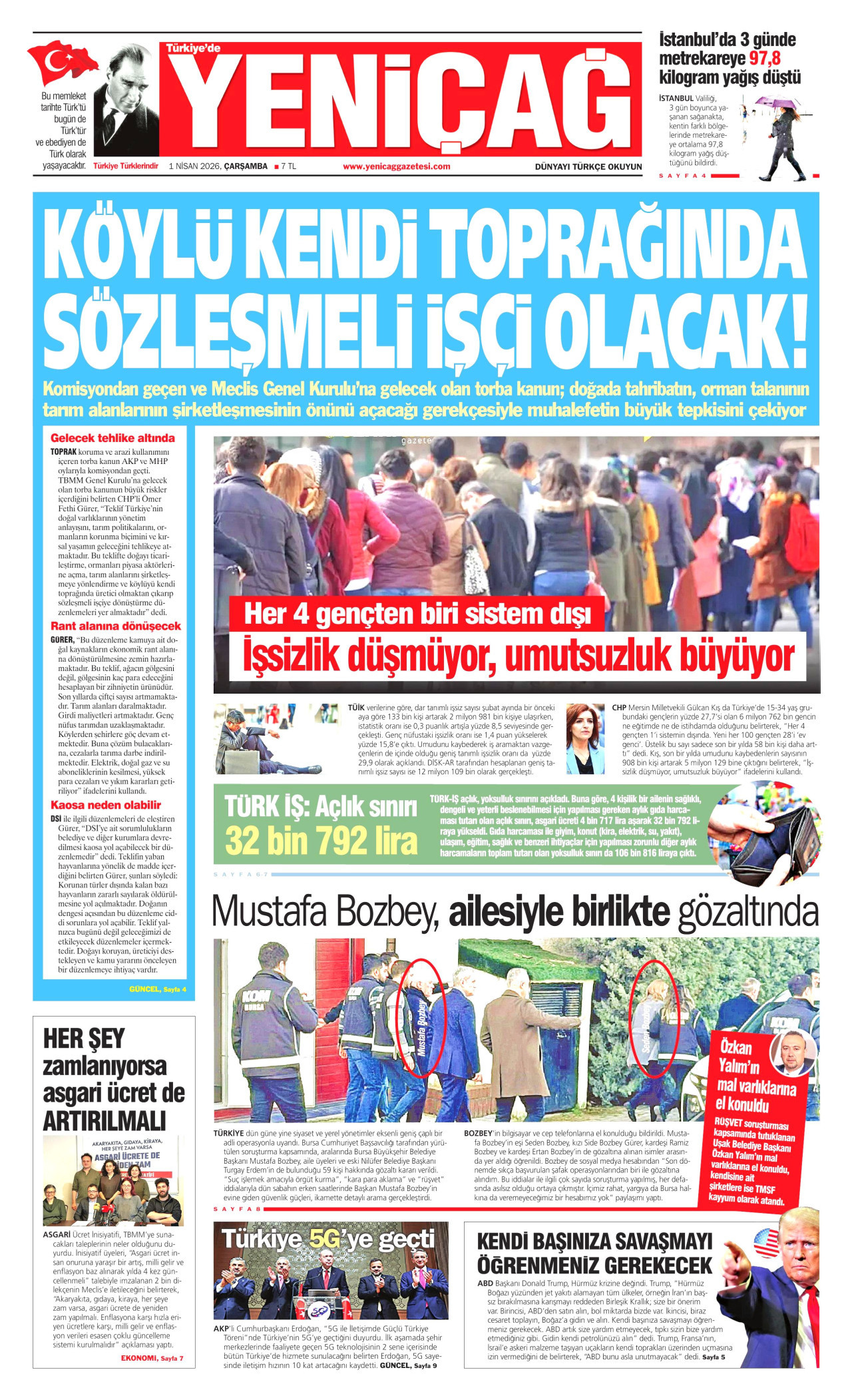 YENİÇAĞ gazetesinin 1 Nisan 2026 tarihli birinci sayfası