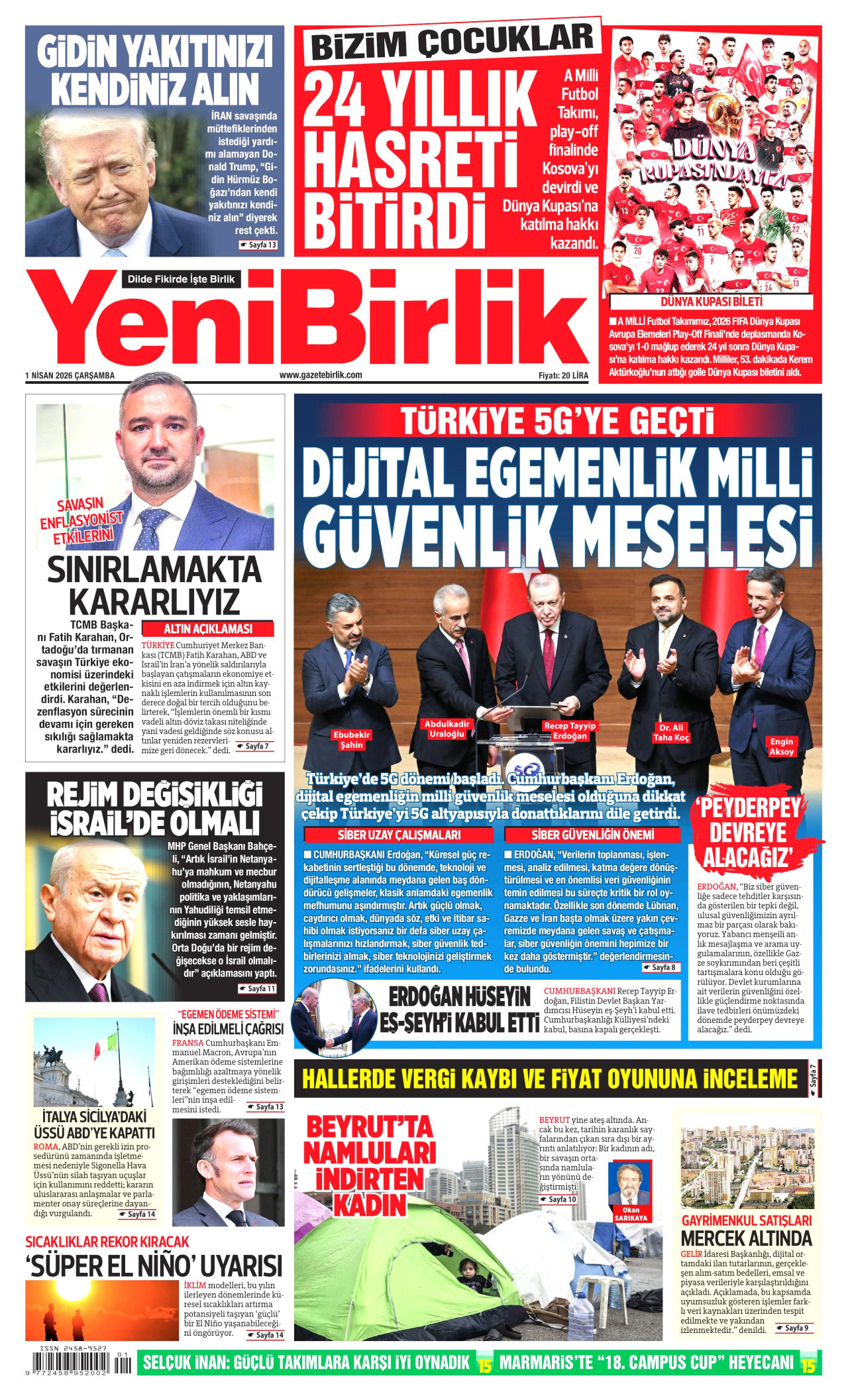 YENİBİRLİK gazetesinin 1 Nisan 2026 tarihli birinci sayfası