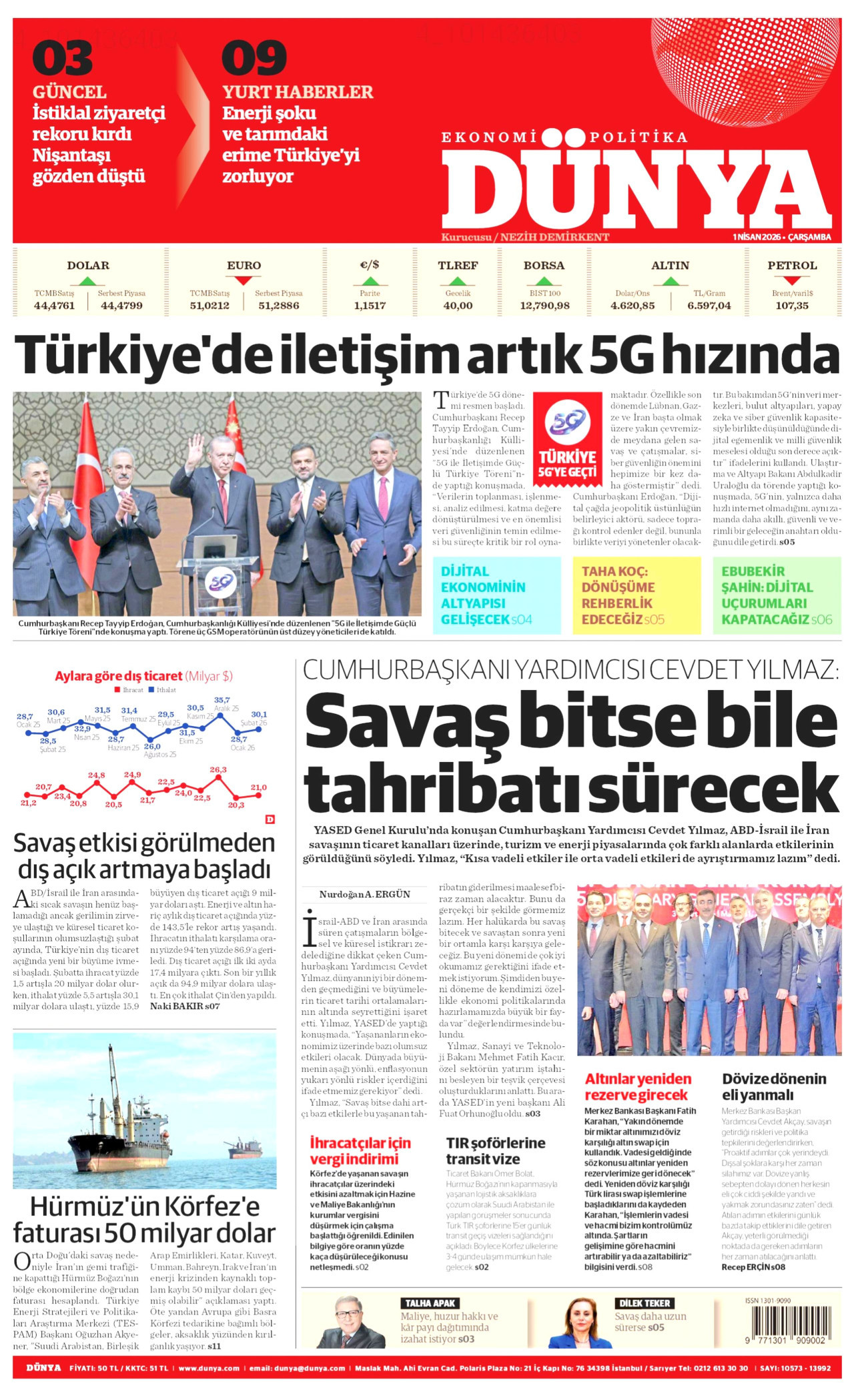 DÜNYA gazetesinin 1 Nisan 2026 tarihli birinci sayfası