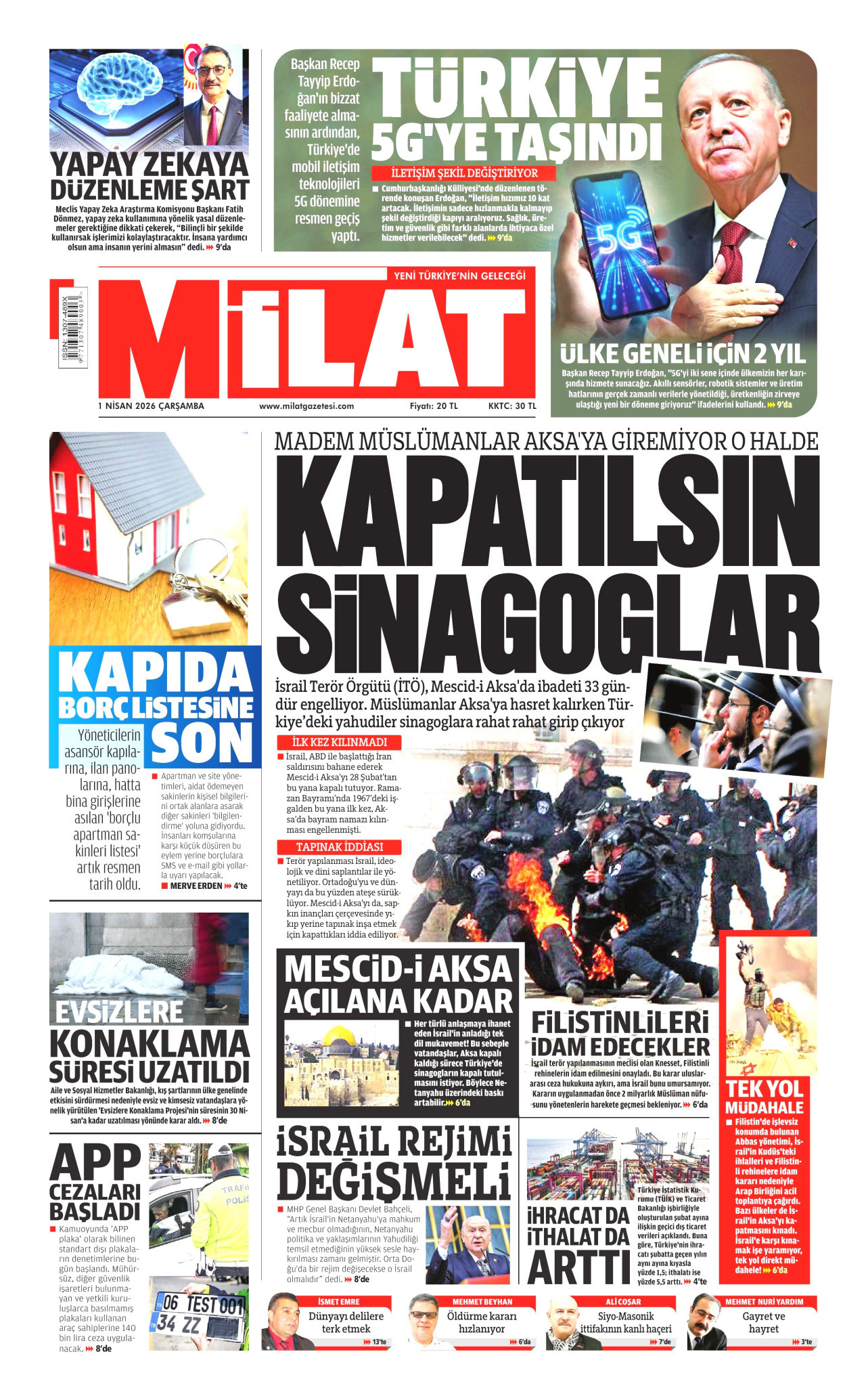MİLAT gazetesinin 1 Nisan 2026 tarihli birinci sayfası