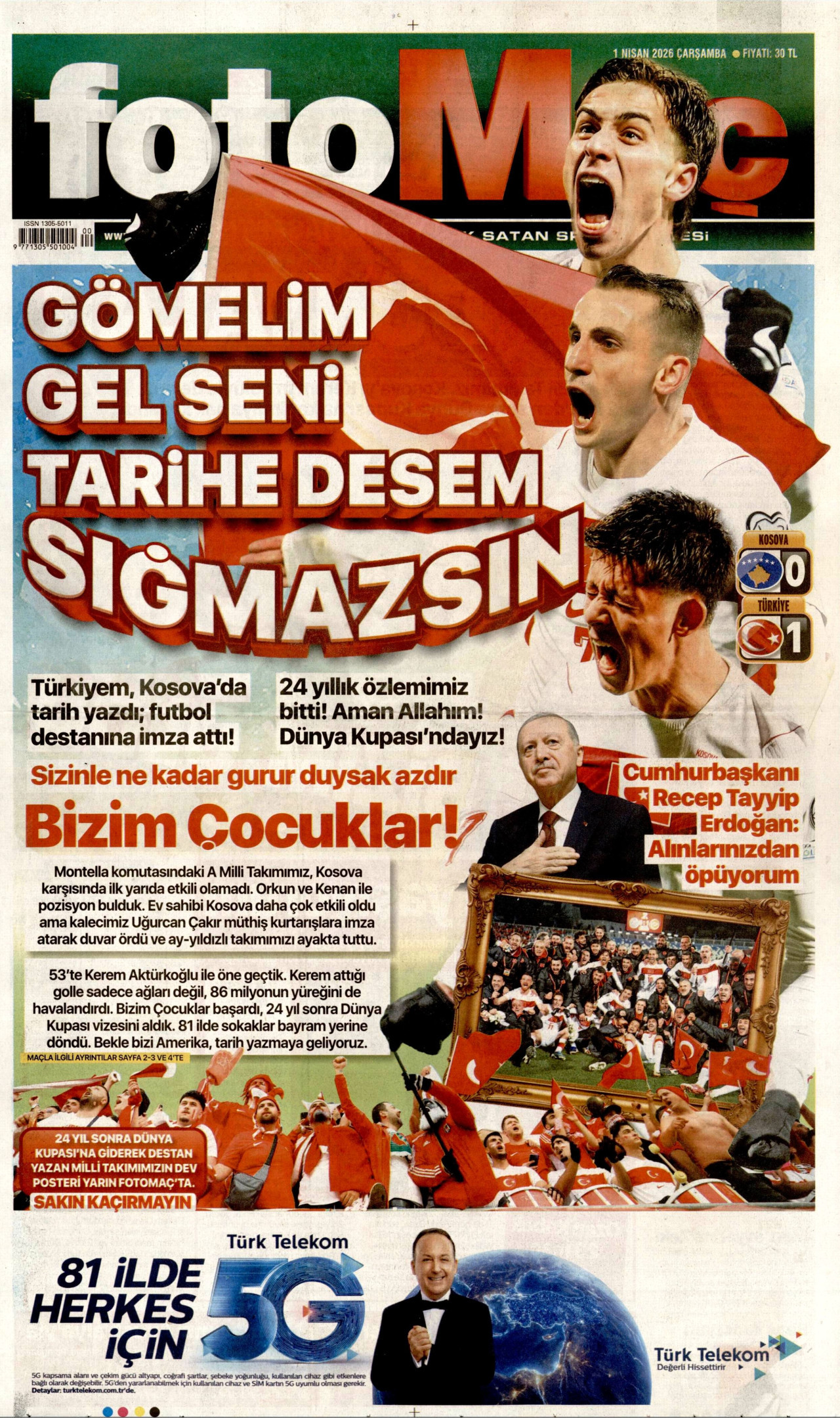 FOTOMAÇ gazetesinin 1 Nisan 2026 tarihli birinci sayfası
