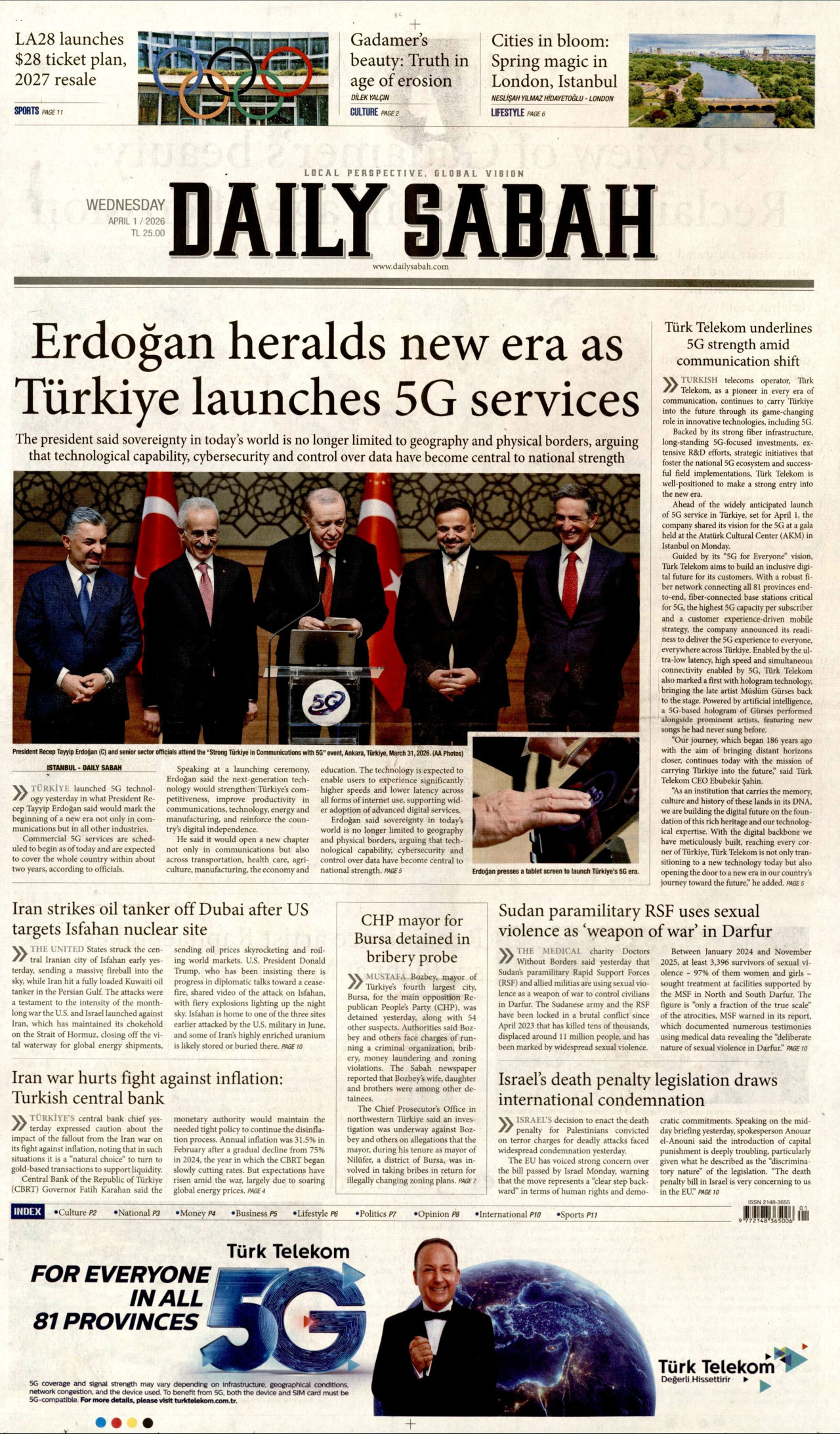 DAİLY SABAH gazetesinin 1 Nisan 2026 tarihli birinci sayfası