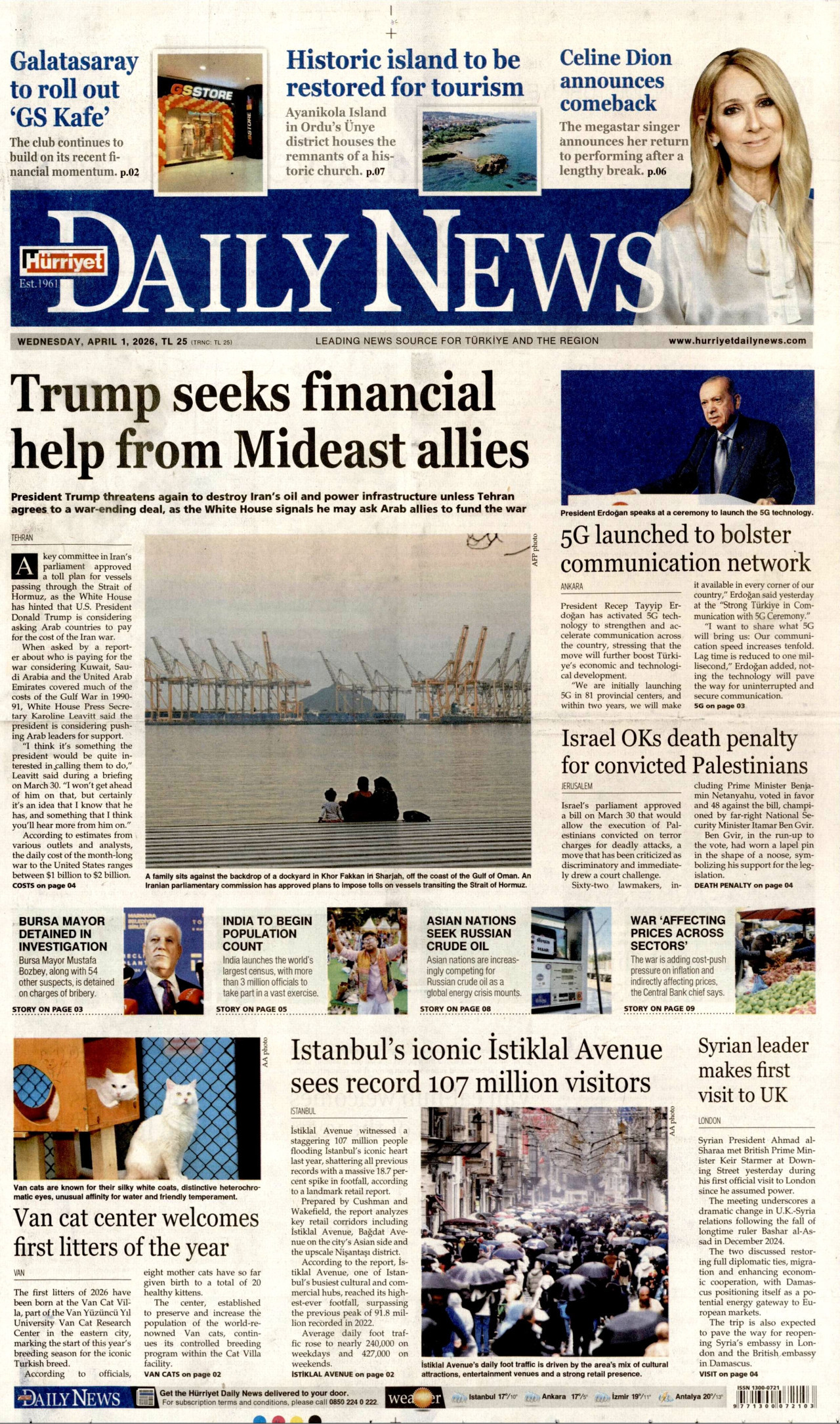 HÜRRİYET DAİLY NEWS gazetesinin 1 Nisan 2026 tarihli birinci sayfası