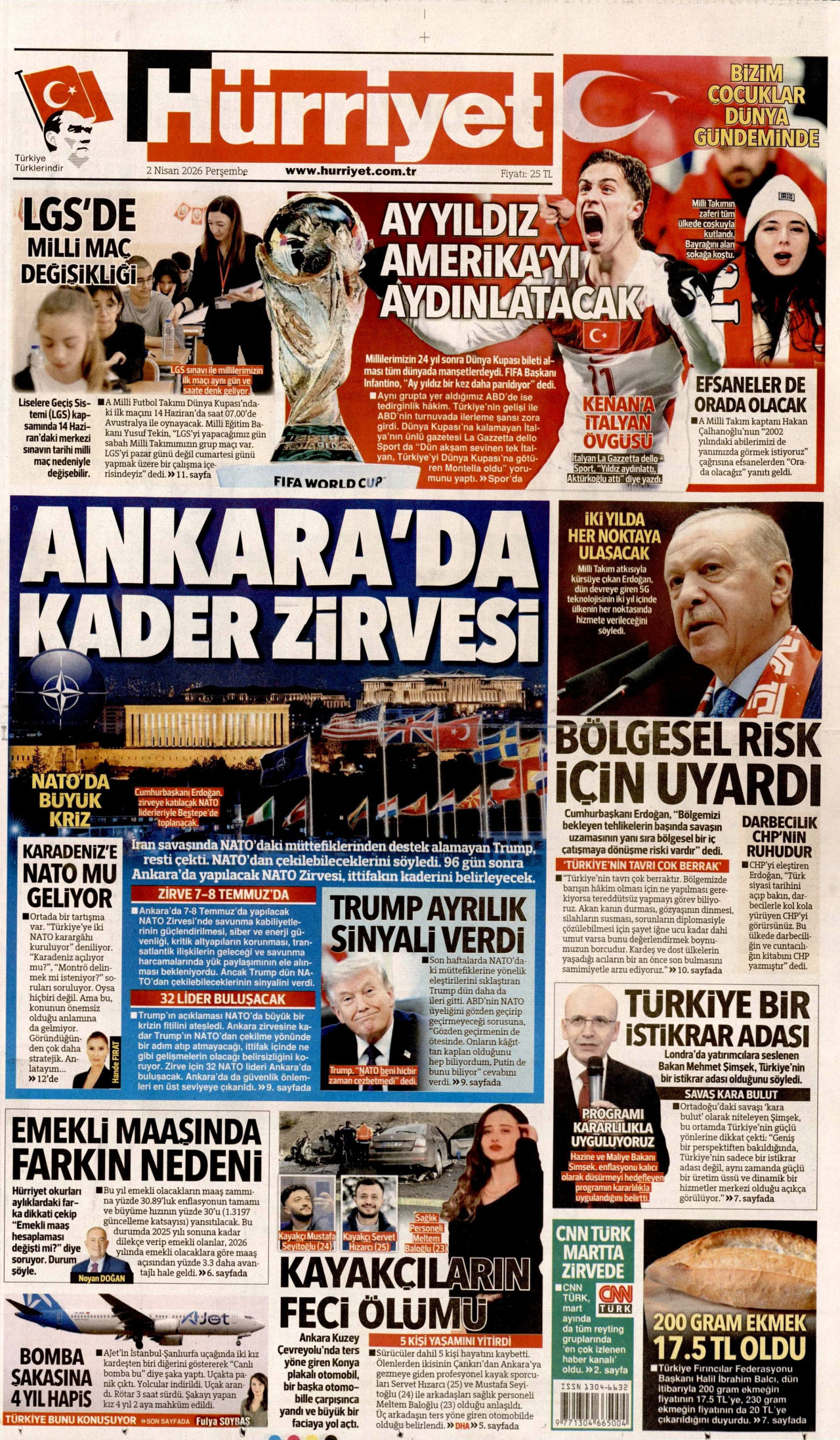 HÜRRİYET gazetesinin 2 Nisan 2026 tarihli birinci sayfası
