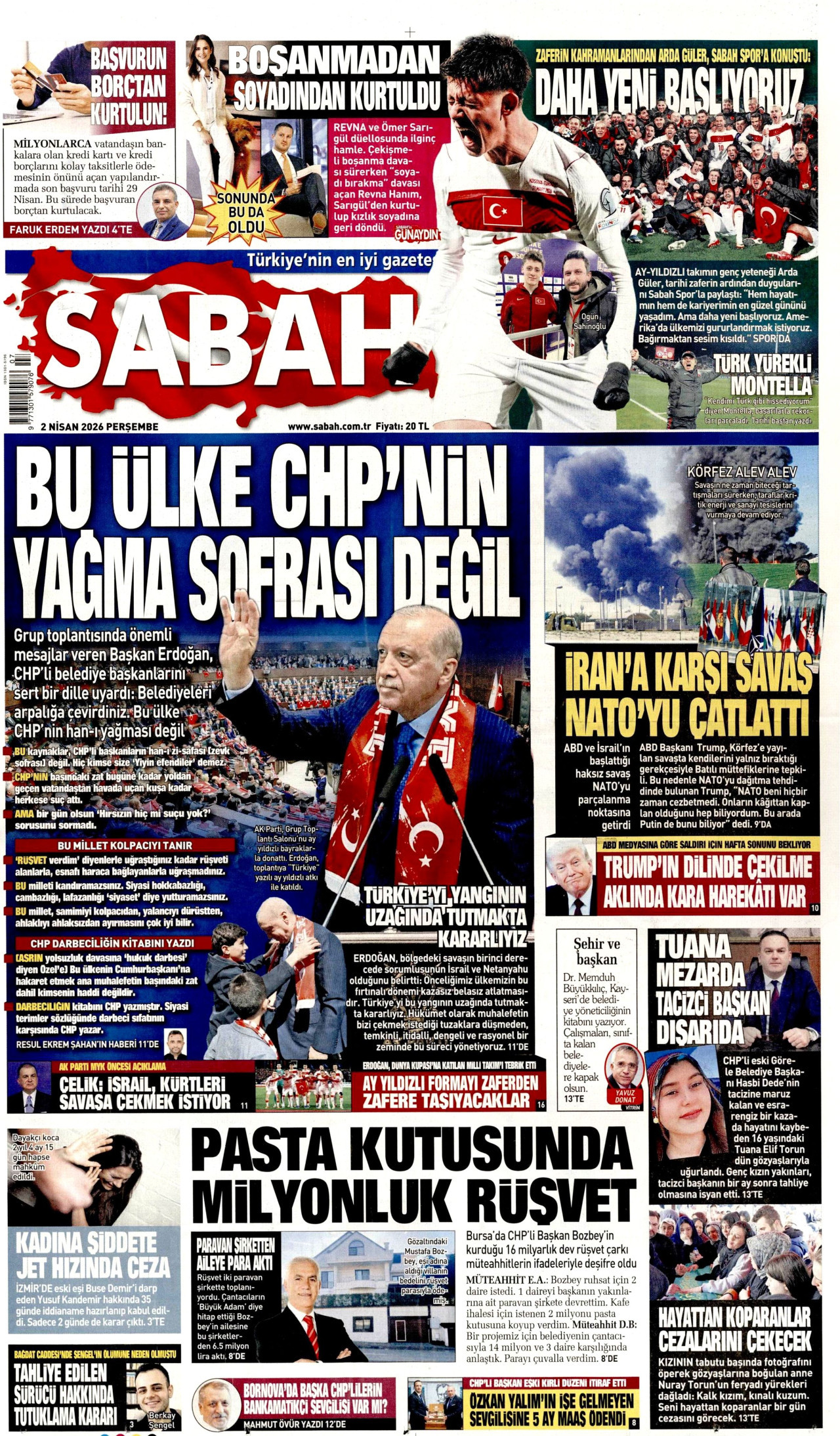 SABAH gazetesinin 2 Nisan 2026 tarihli birinci sayfası