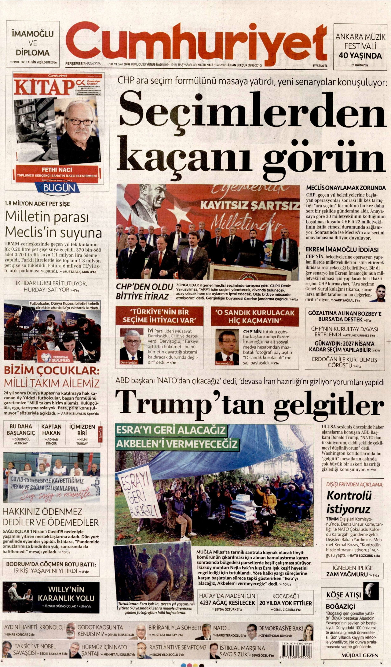 CUMHURİYET gazetesinin 2 Nisan 2026 tarihli birinci sayfası
