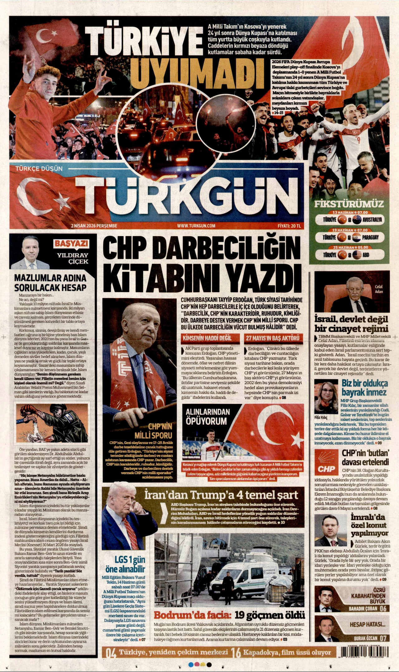 TÜRKGÜN gazetesinin 2 Nisan 2026 tarihli birinci sayfası