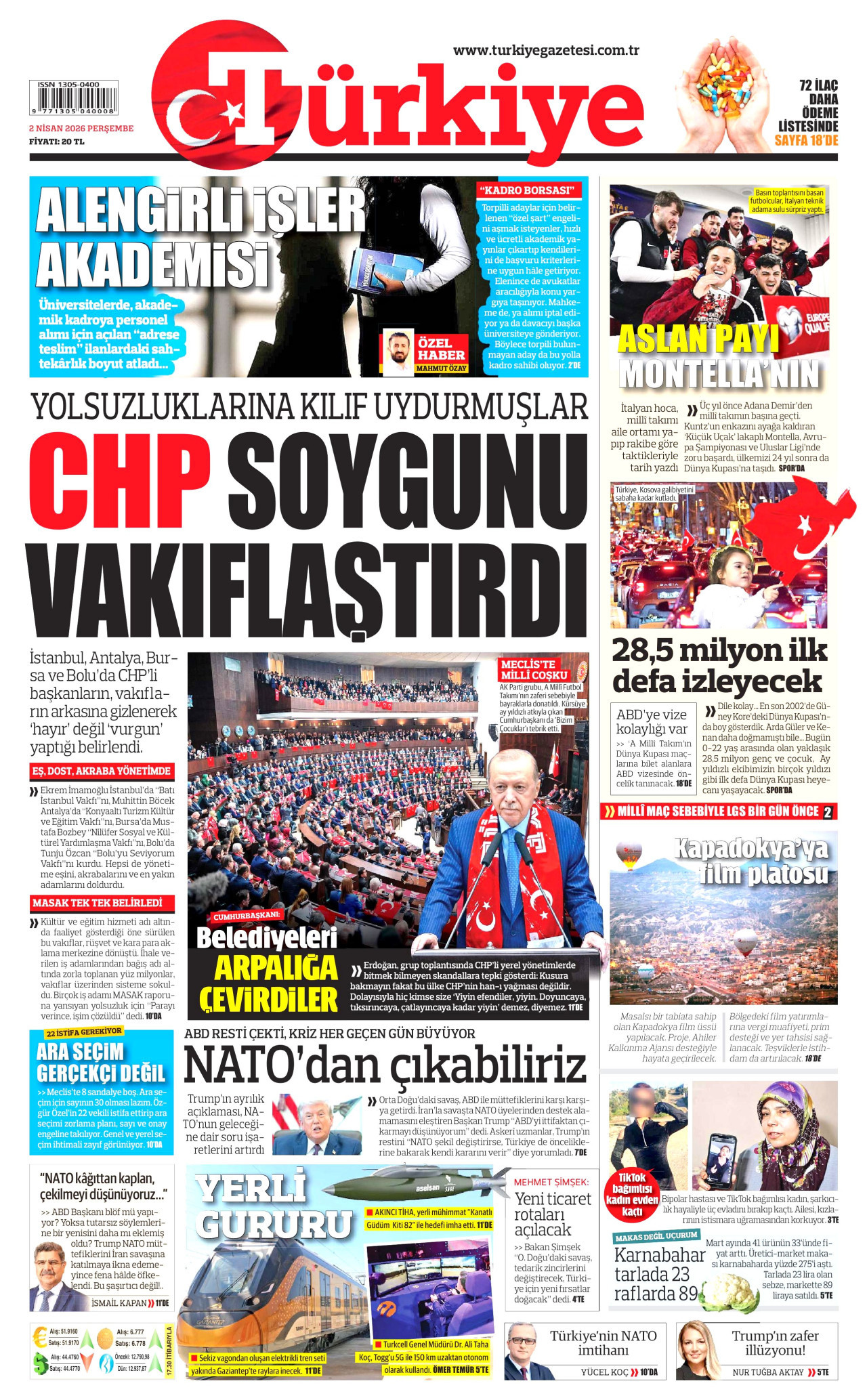 TÜRKİYE GAZETESİ gazetesinin 2 Nisan 2026 tarihli birinci sayfası
