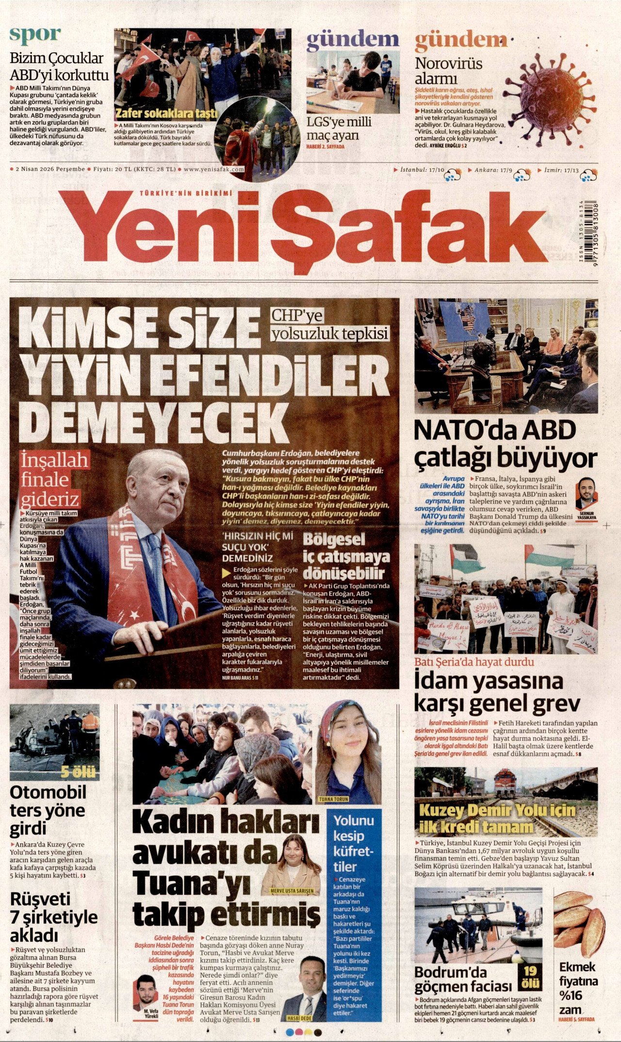 YENİ ŞAFAK gazetesinin 2 Nisan 2026 tarihli birinci sayfası