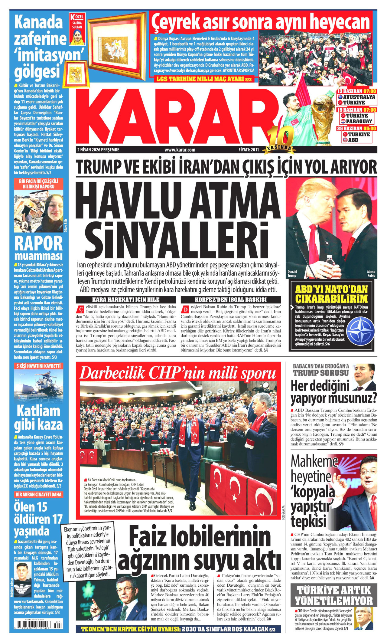 KARAR gazetesinin 2 Nisan 2026 tarihli birinci sayfası