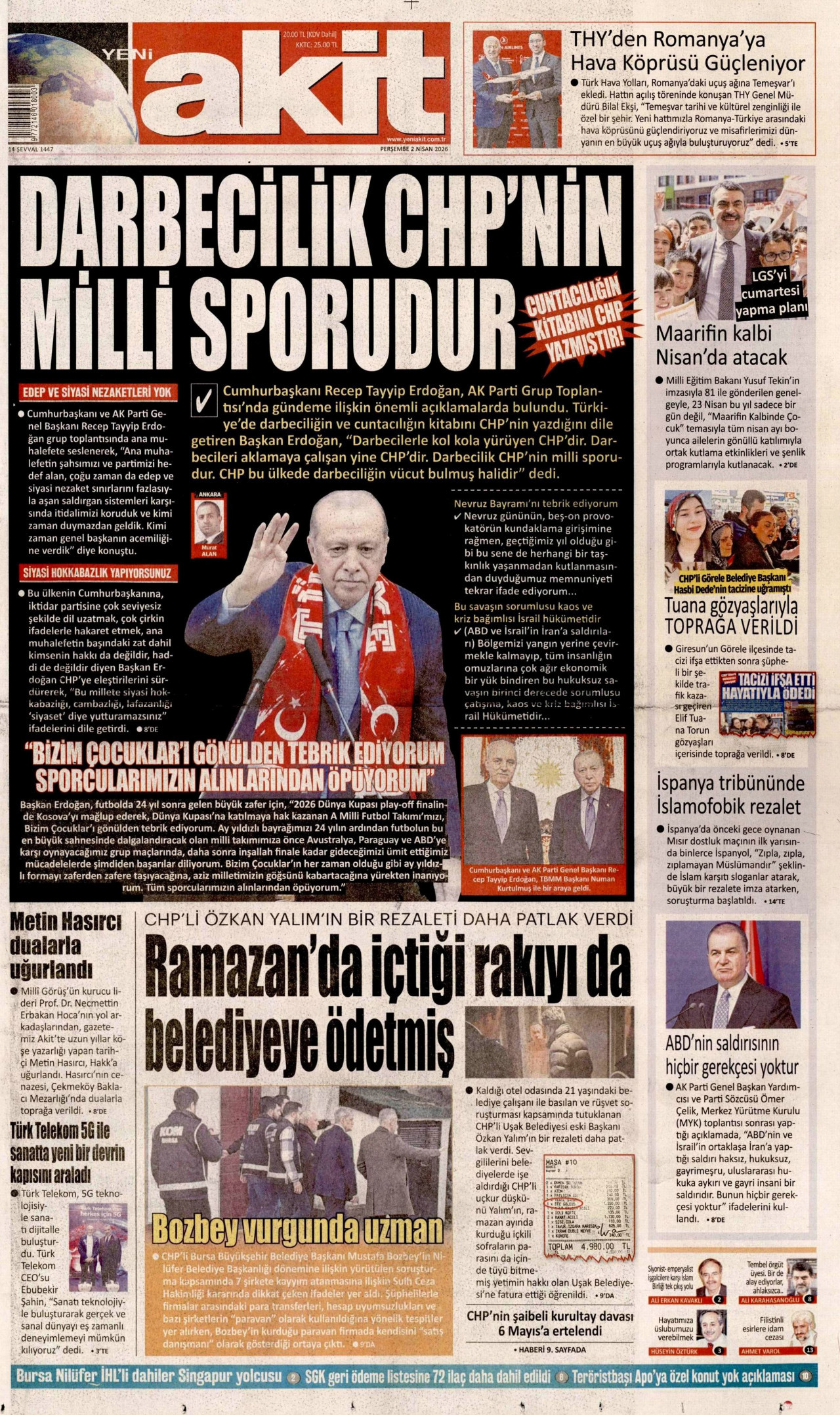 YENİ AKİT gazetesinin 2 Nisan 2026 tarihli birinci sayfası