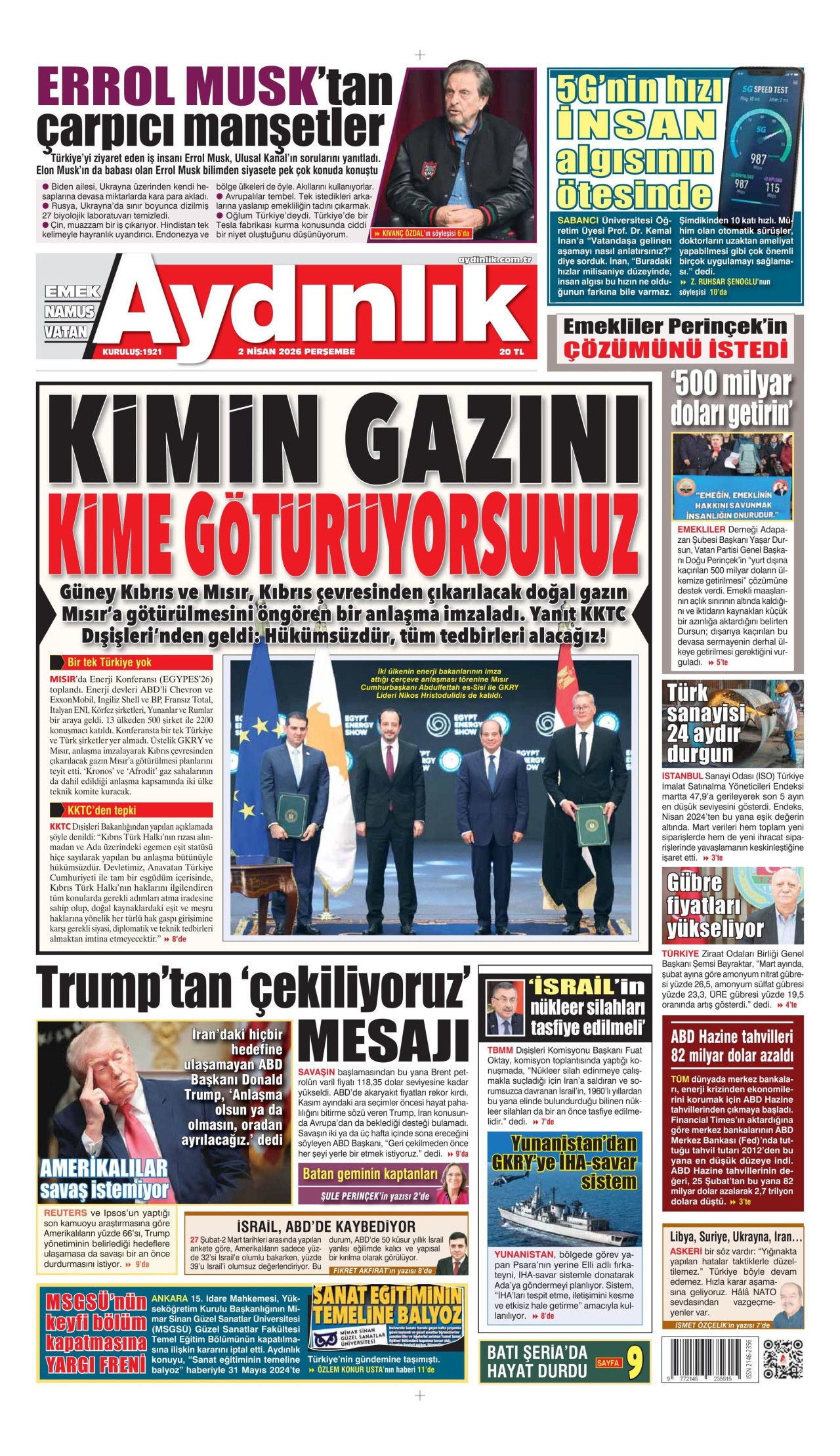 AYDINLIK GAZETESİ gazetesinin 2 Nisan 2026 tarihli birinci sayfası