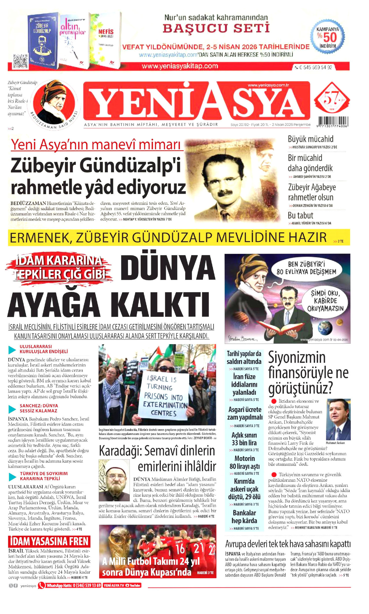 YENİ ASYA gazetesinin 2 Nisan 2026 tarihli birinci sayfası