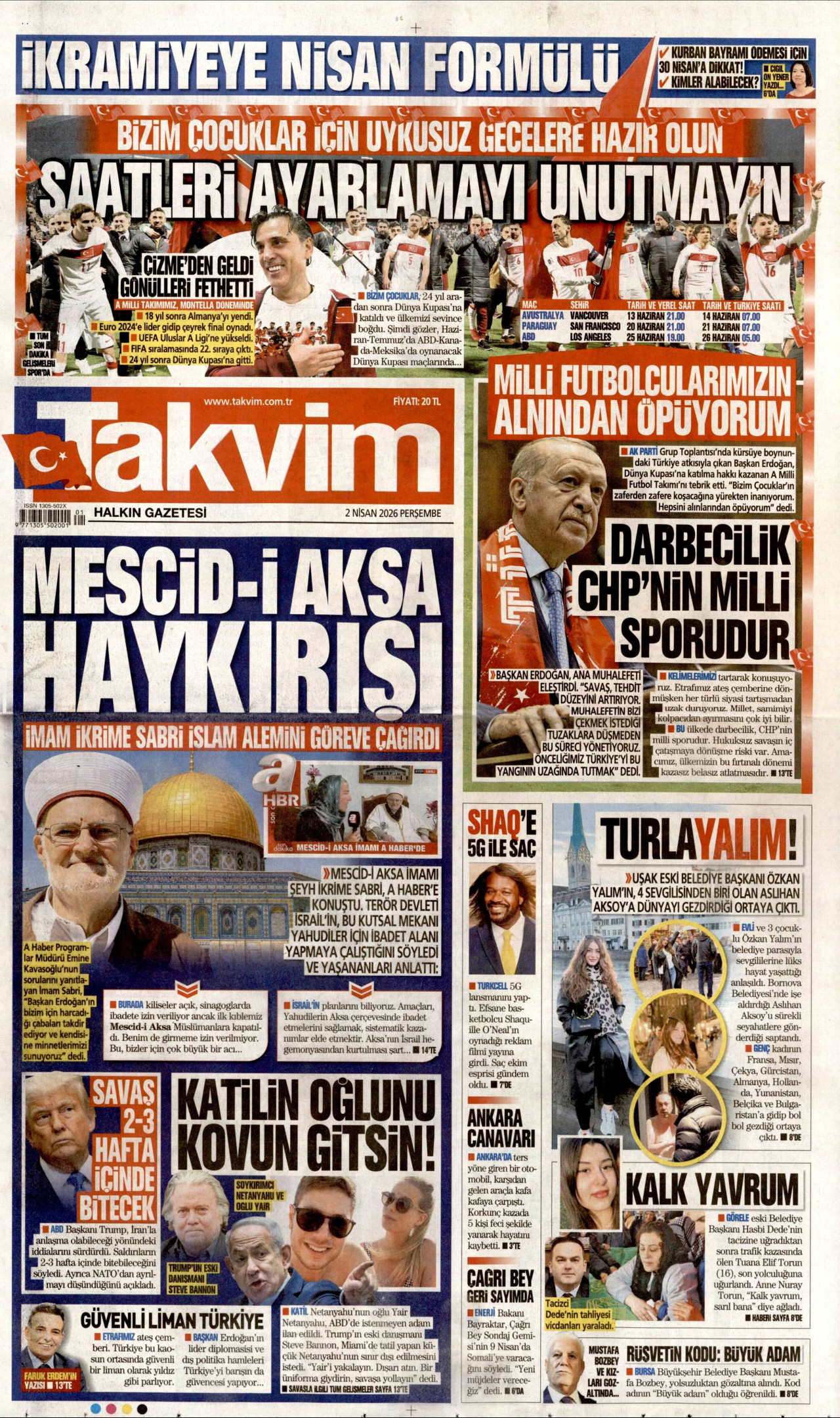 TAKVİM gazetesinin 2 Nisan 2026 tarihli birinci sayfası