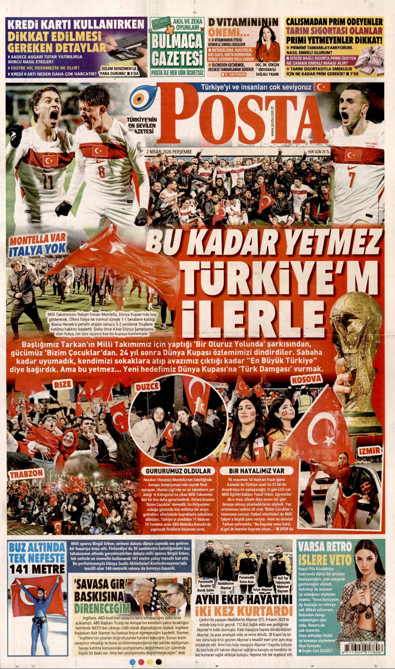 POSTA gazetesinin 2 Nisan 2026 tarihli birinci sayfası