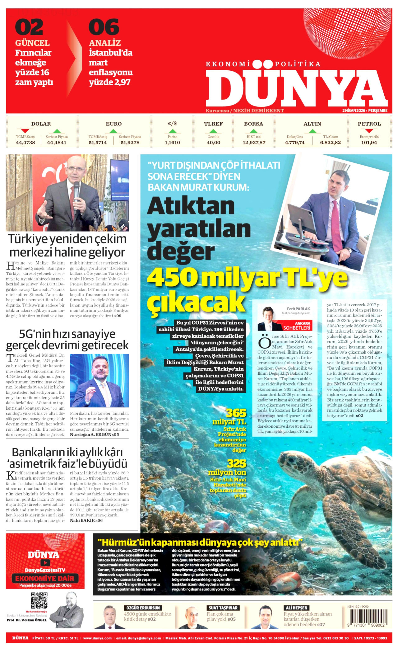 DÜNYA gazetesinin 2 Nisan 2026 tarihli birinci sayfası