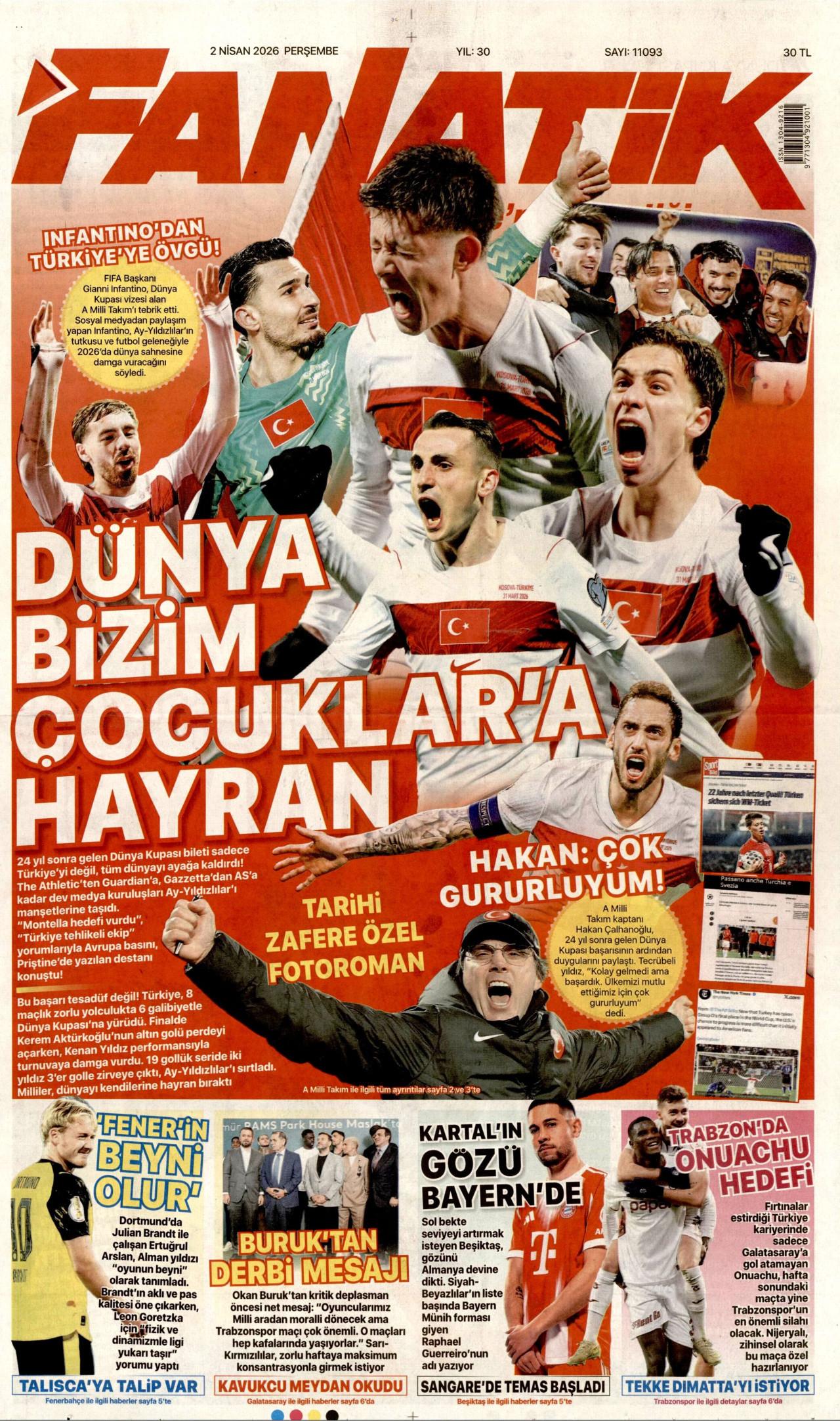 FANATİK gazetesinin 2 Nisan 2026 tarihli birinci sayfası