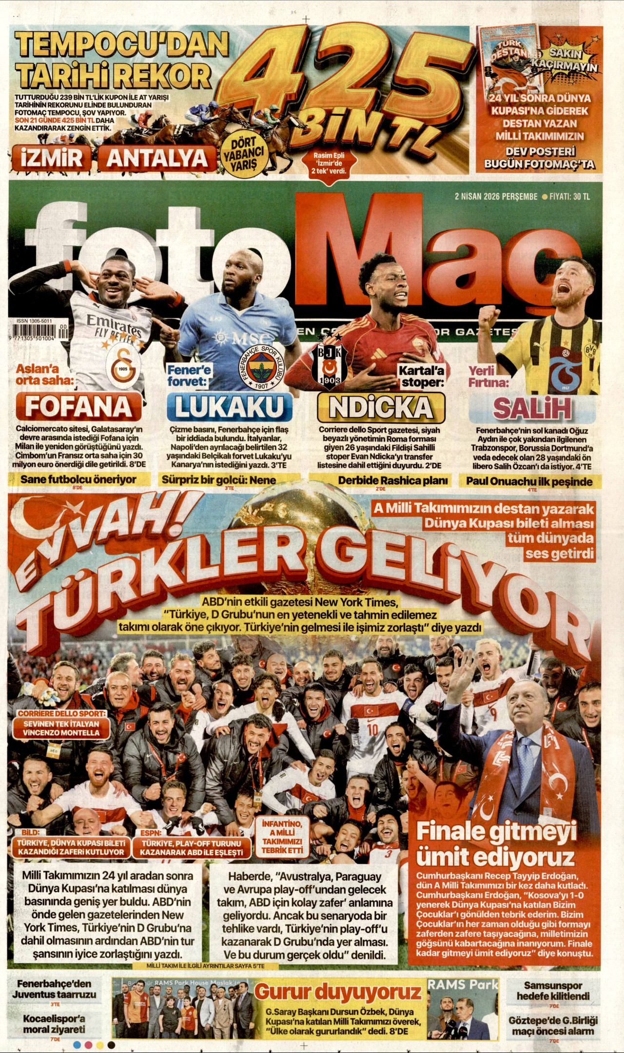 FOTOMAÇ gazetesinin 2 Nisan 2026 tarihli birinci sayfası
