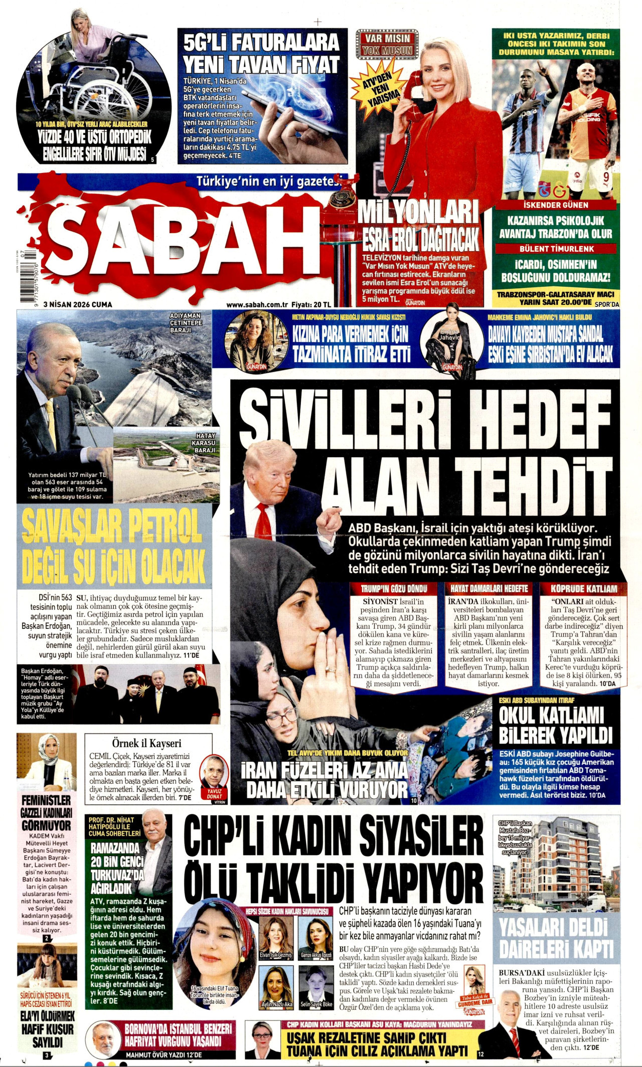 SABAH gazetesinin 3 Nisan 2026 tarihli birinci sayfası