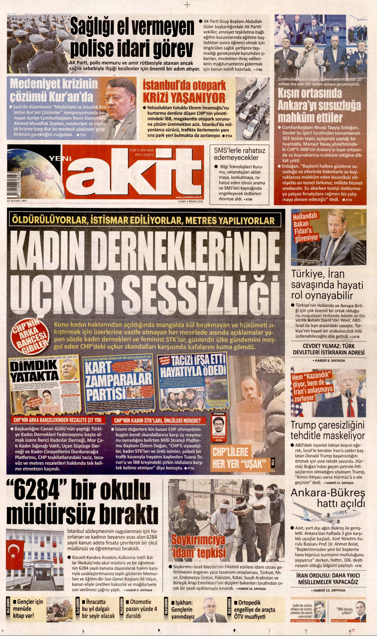 YENİ AKİT gazetesinin 3 Nisan 2026 tarihli birinci sayfası