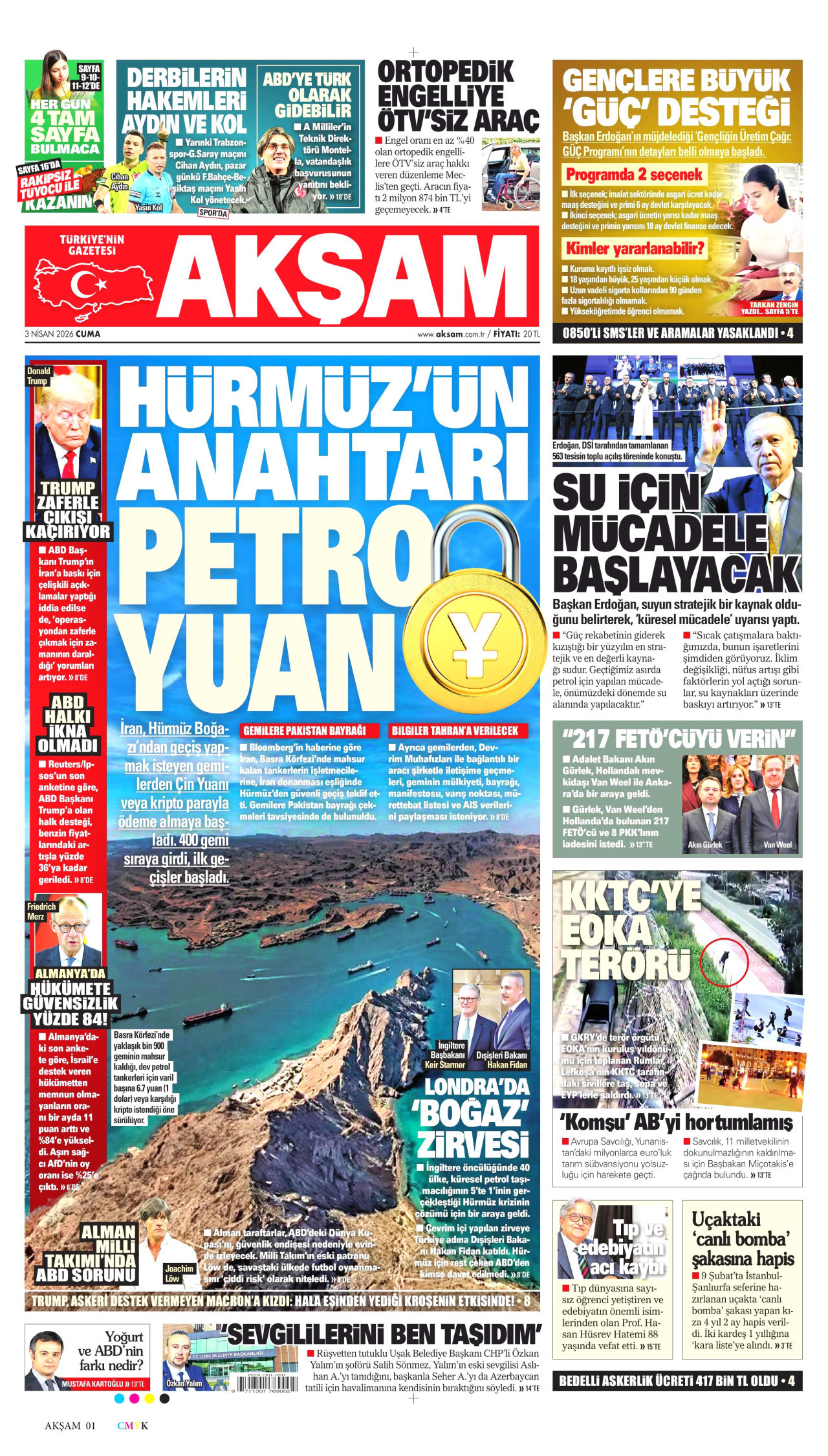 AKŞAM gazetesinin 3 Nisan 2026 tarihli birinci sayfası