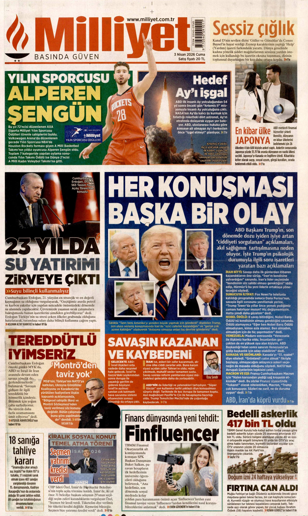 MİLLİYET gazetesinin 3 Nisan 2026 tarihli birinci sayfası