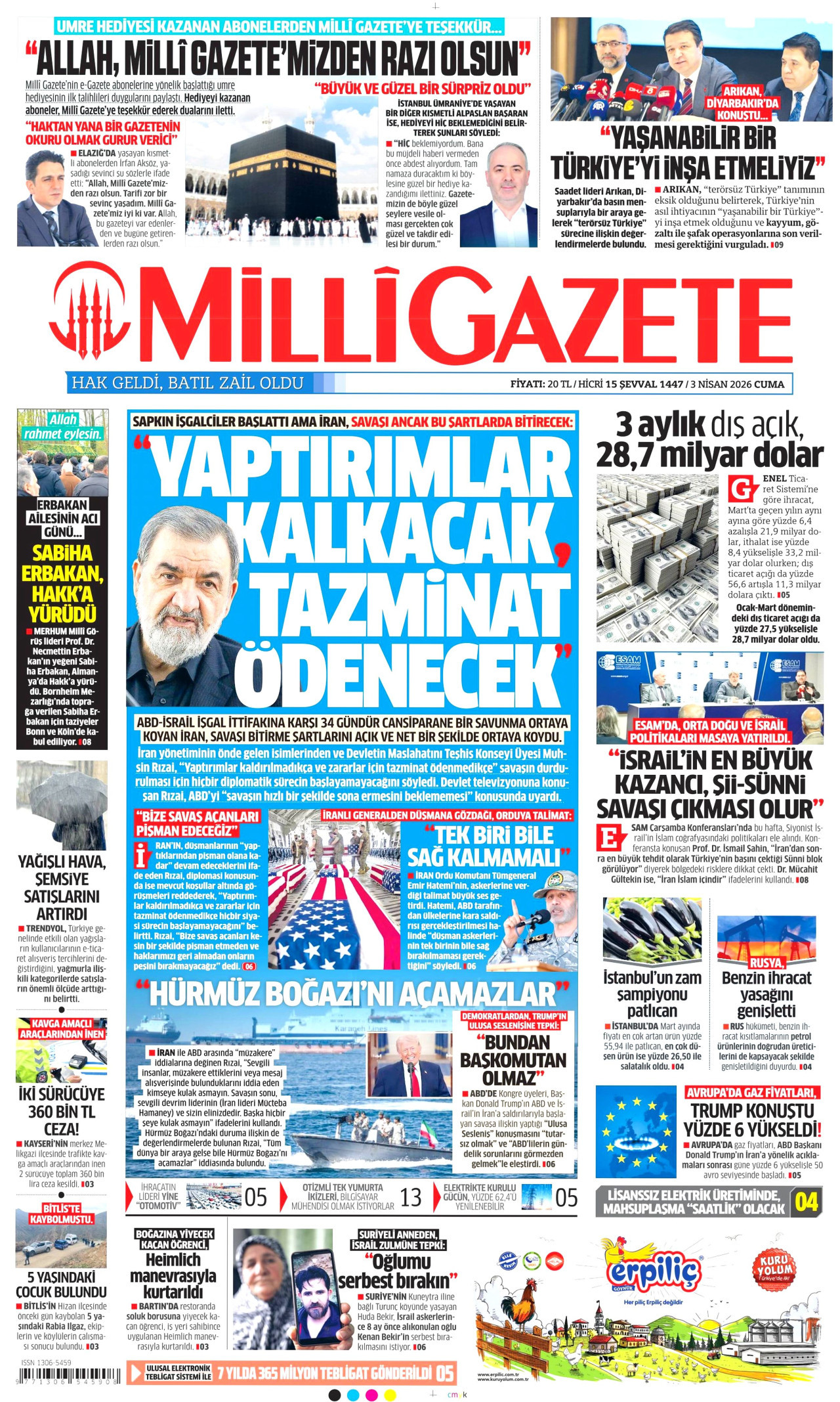 MİLLİ GAZETE gazetesinin 3 Nisan 2026 tarihli birinci sayfası