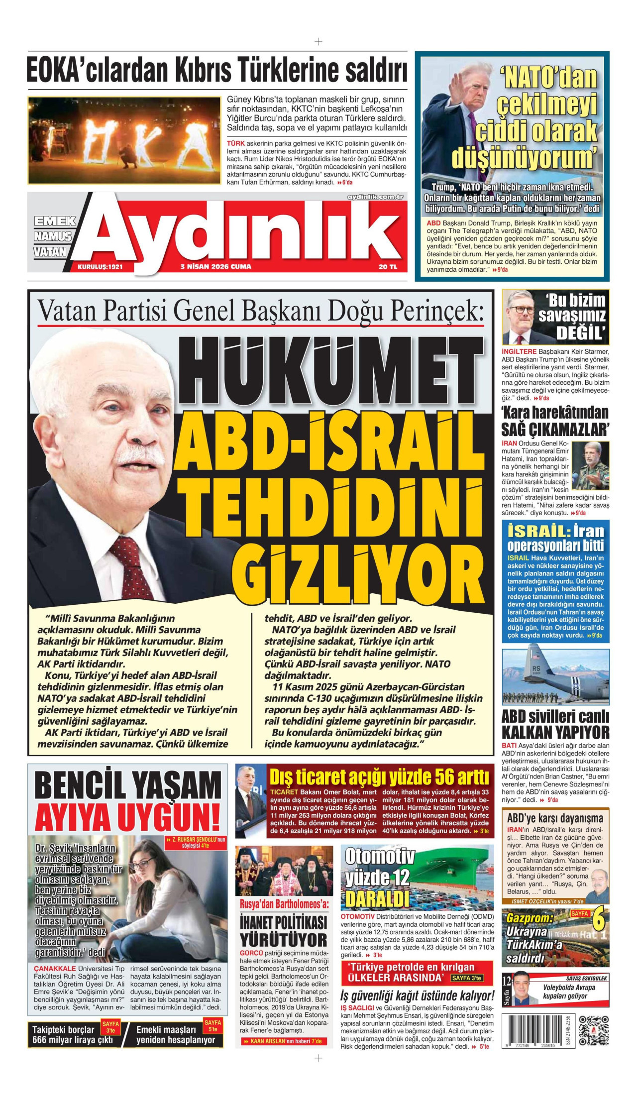 AYDINLIK GAZETESİ gazetesinin 3 Nisan 2026 tarihli birinci sayfası