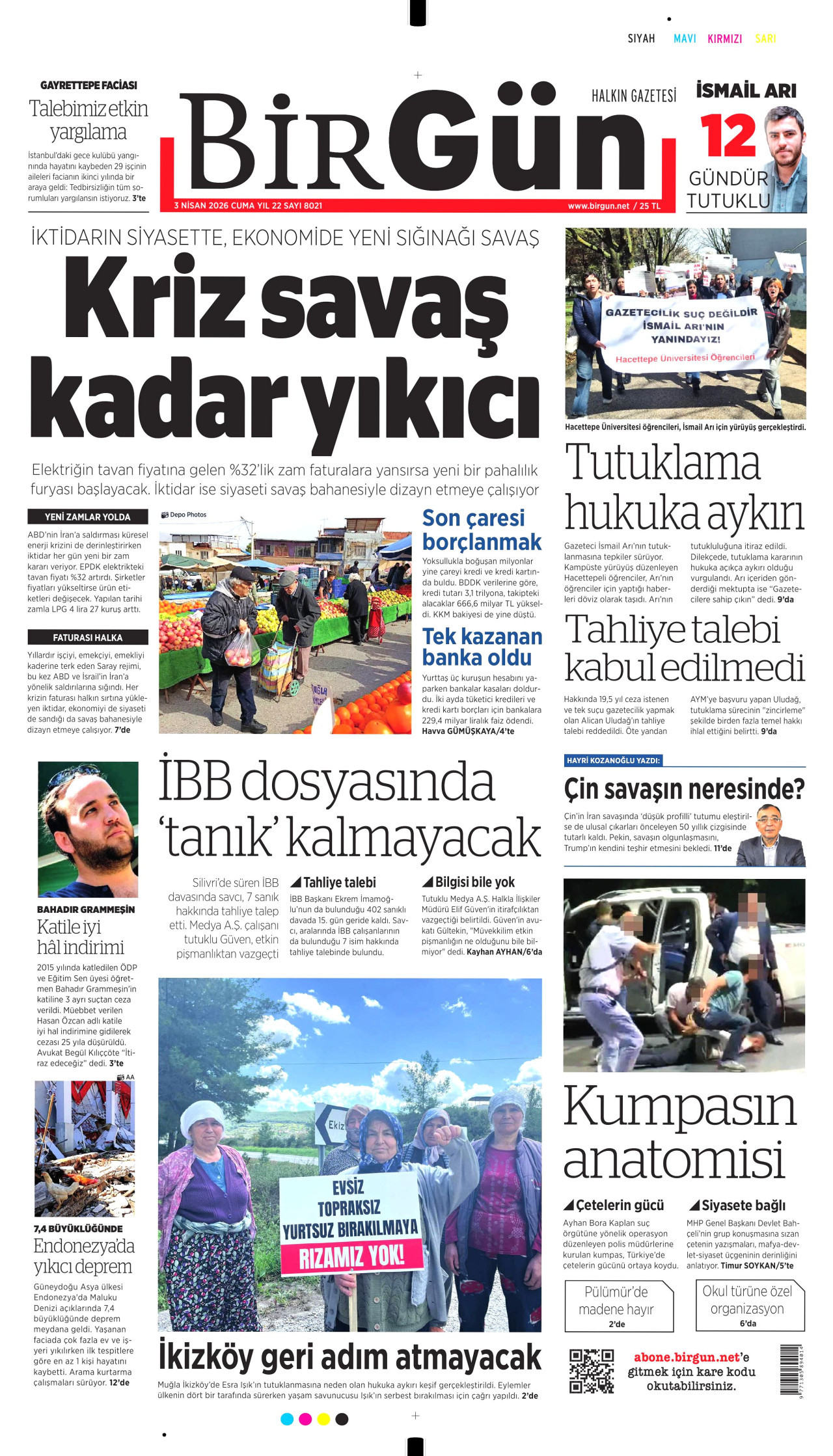 BİRGÜN gazetesinin 3 Nisan 2026 tarihli birinci sayfası