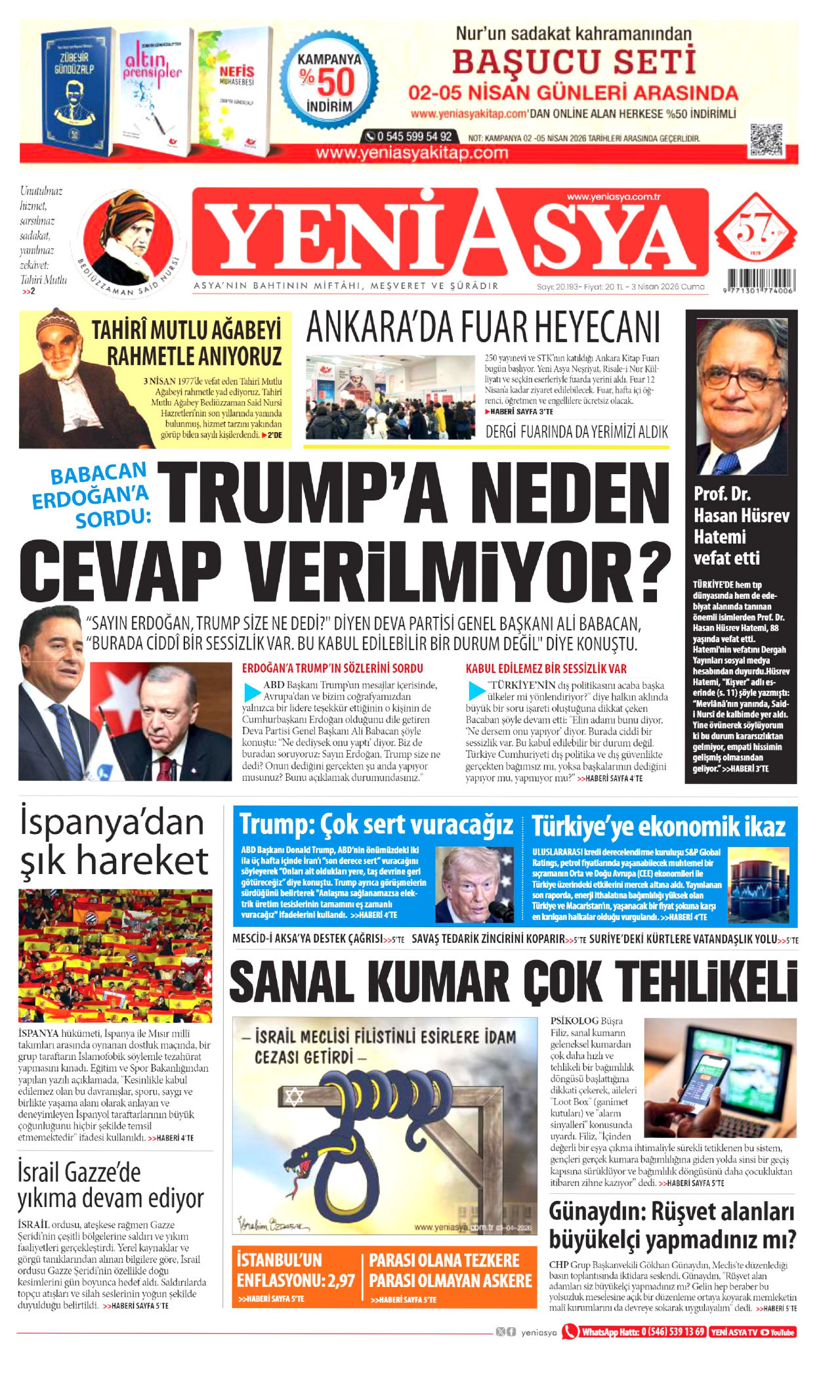 YENİ ASYA gazetesinin 3 Nisan 2026 tarihli birinci sayfası