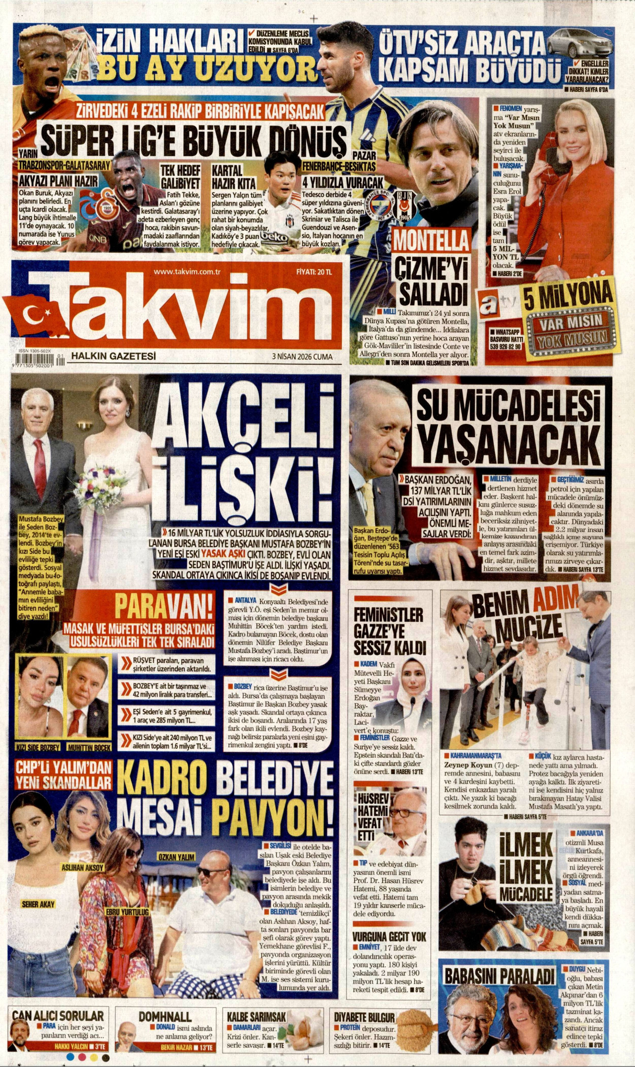 TAKVİM gazetesinin 3 Nisan 2026 tarihli birinci sayfası