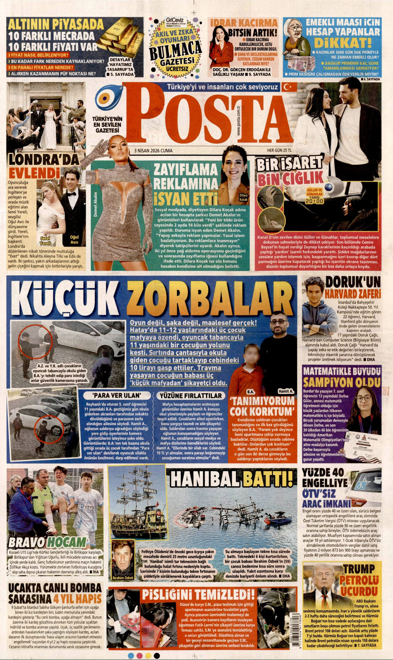 POSTA gazetesinin 3 Nisan 2026 tarihli birinci sayfası