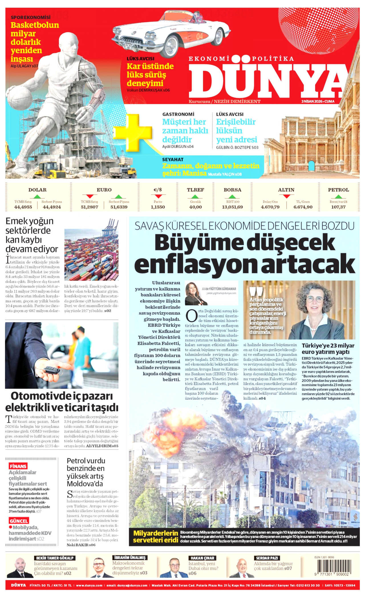 DÜNYA gazetesinin 3 Nisan 2026 tarihli birinci sayfası