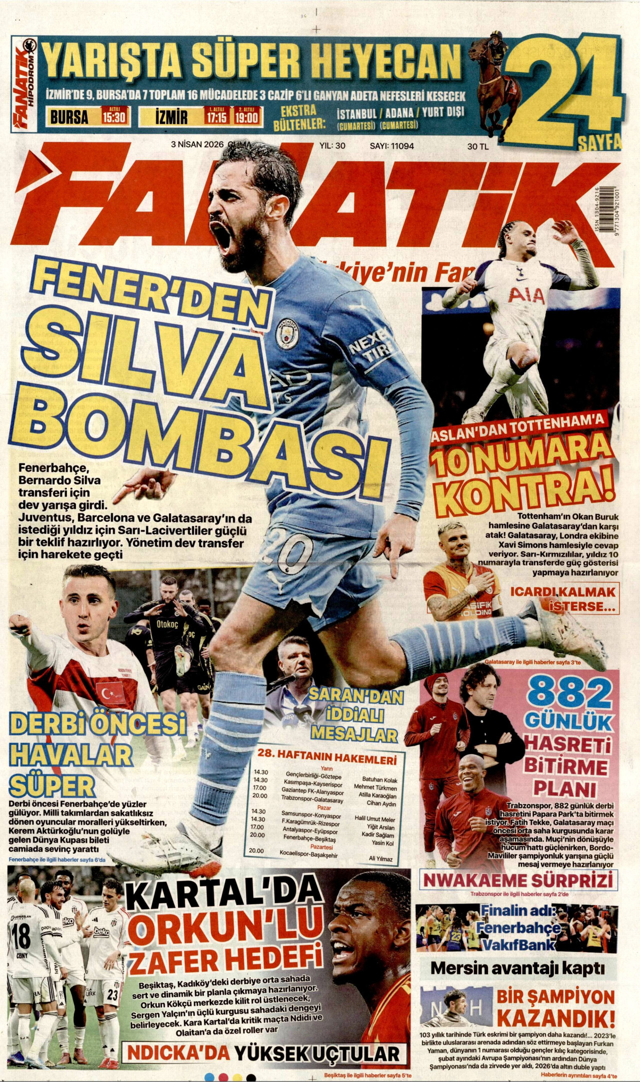 FANATİK gazetesinin 3 Nisan 2026 tarihli birinci sayfası