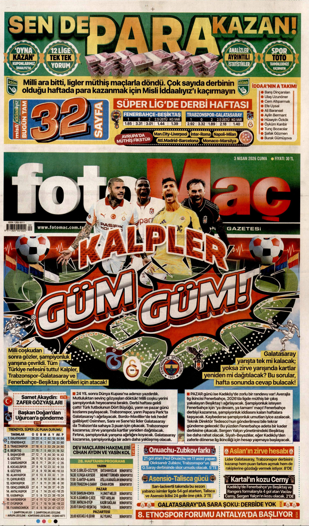 FOTOMAÇ gazetesinin 3 Nisan 2026 tarihli birinci sayfası