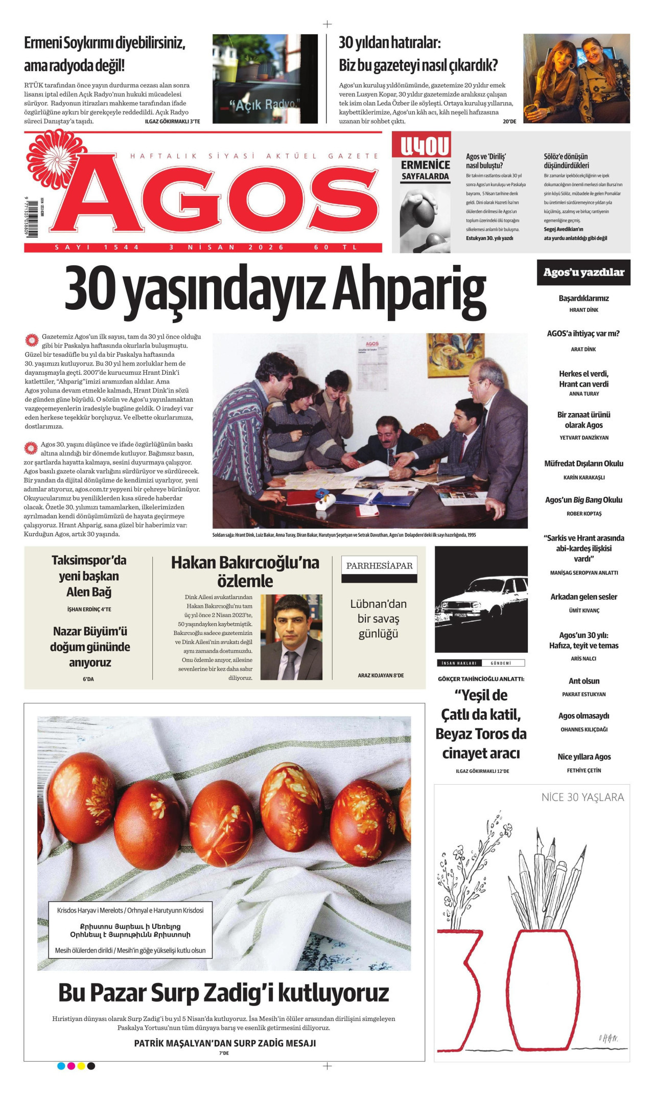 AGOS gazetesinin 3 Nisan 2026 tarihli birinci sayfası