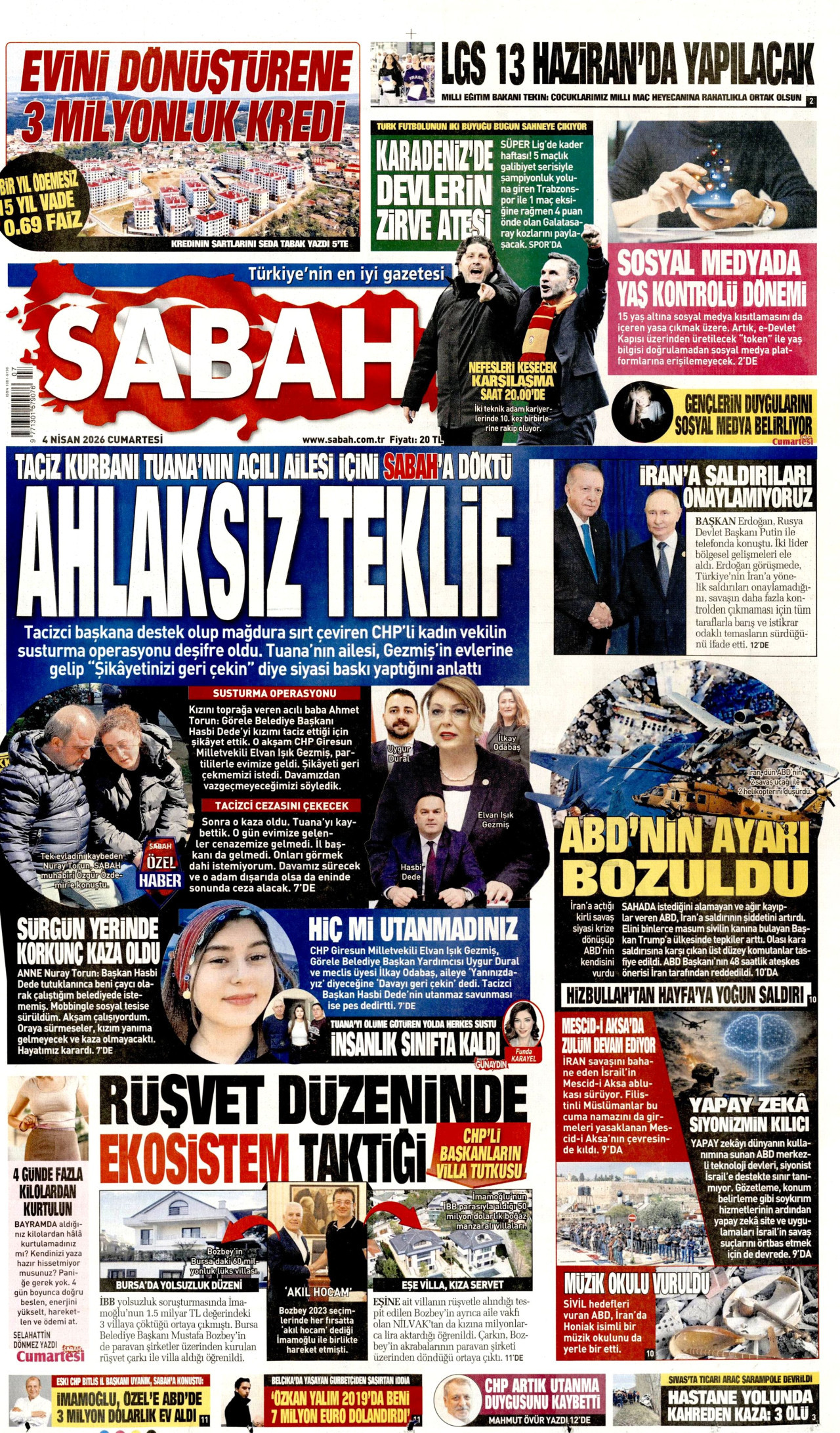 SABAH gazetesinin 4 Nisan 2026 tarihli birinci sayfası