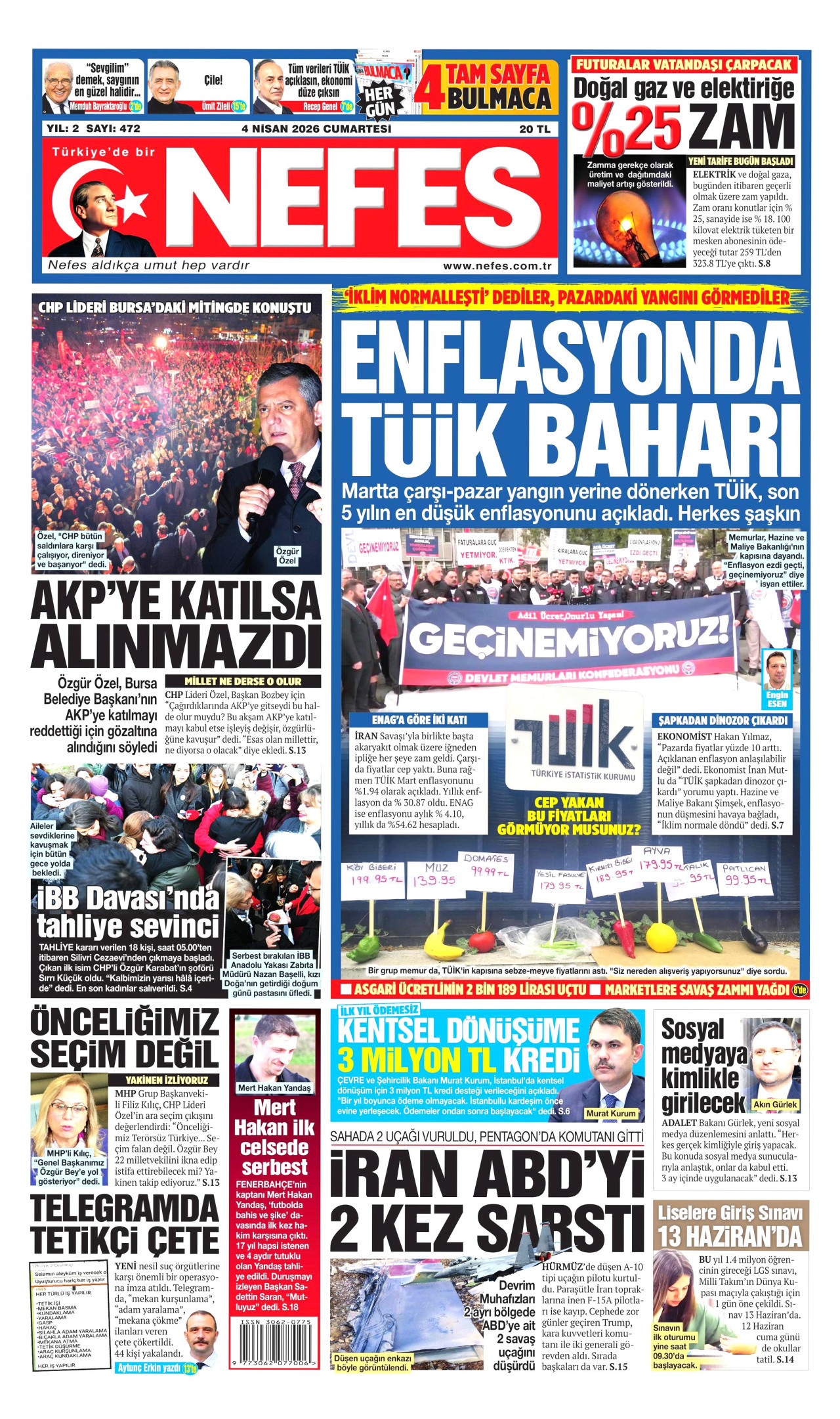 NEFES gazetesinin 4 Nisan 2026 tarihli birinci sayfası