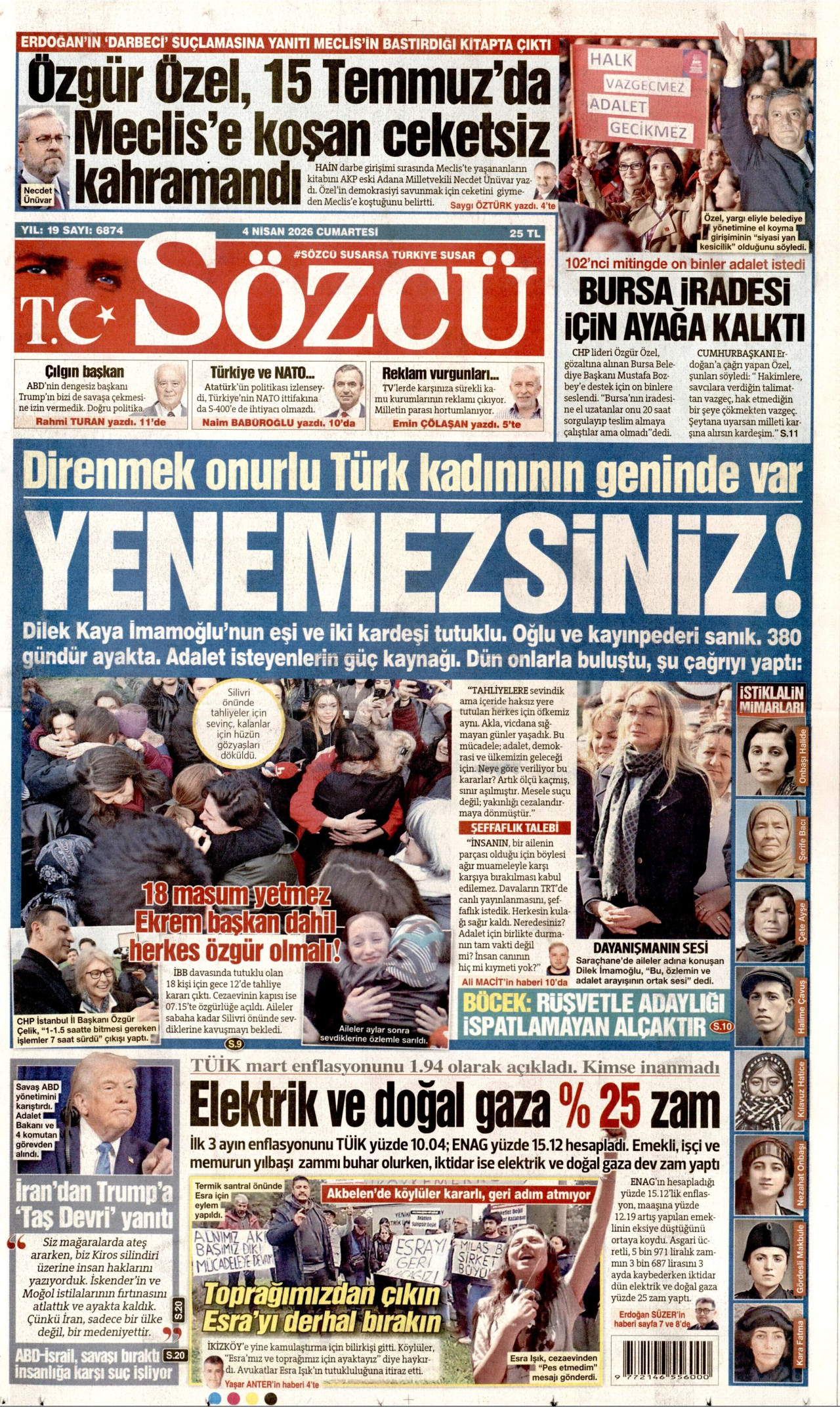 SÖZCÜ gazetesinin 4 Nisan 2026 tarihli birinci sayfası