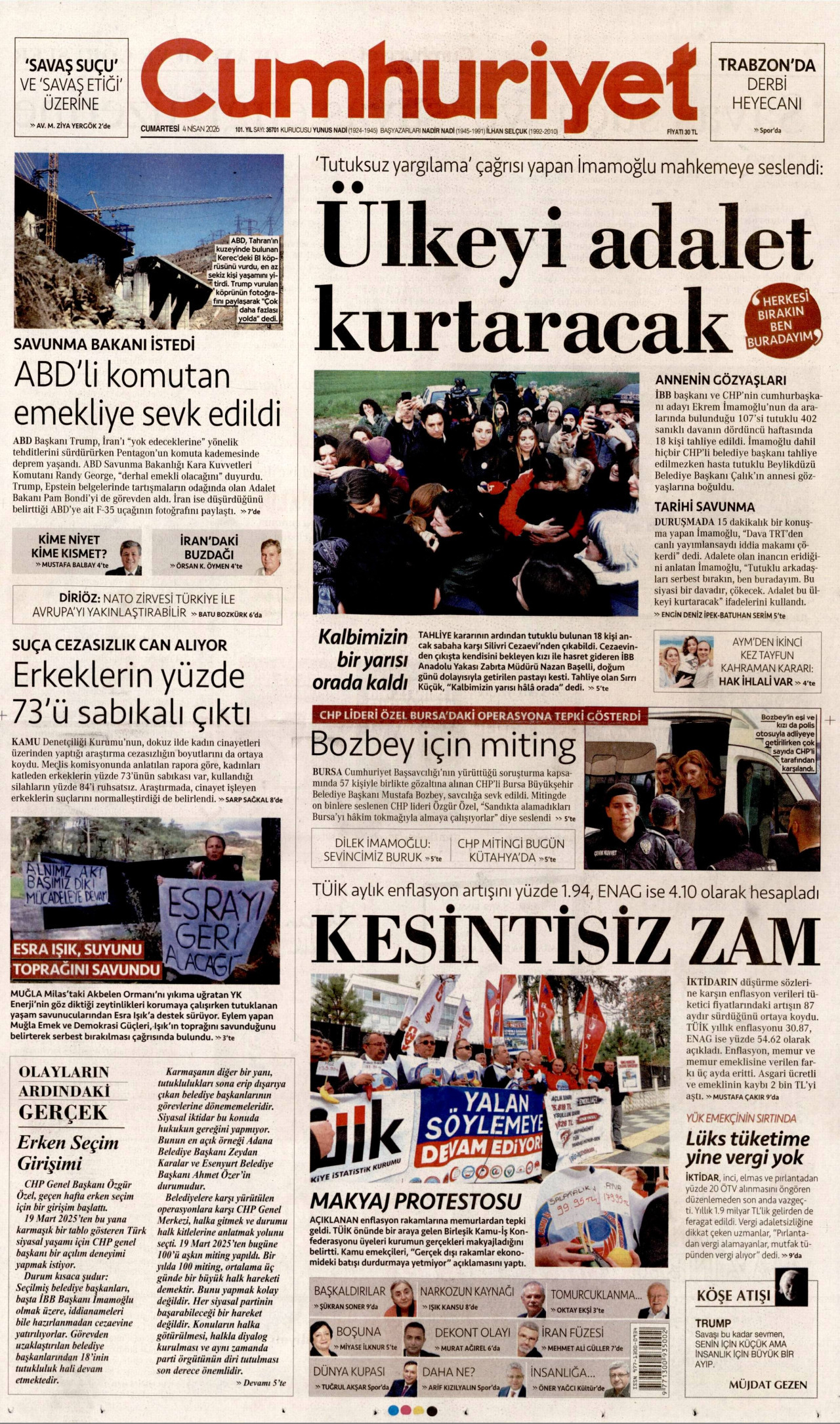 CUMHURİYET gazetesinin 4 Nisan 2026 tarihli birinci sayfası